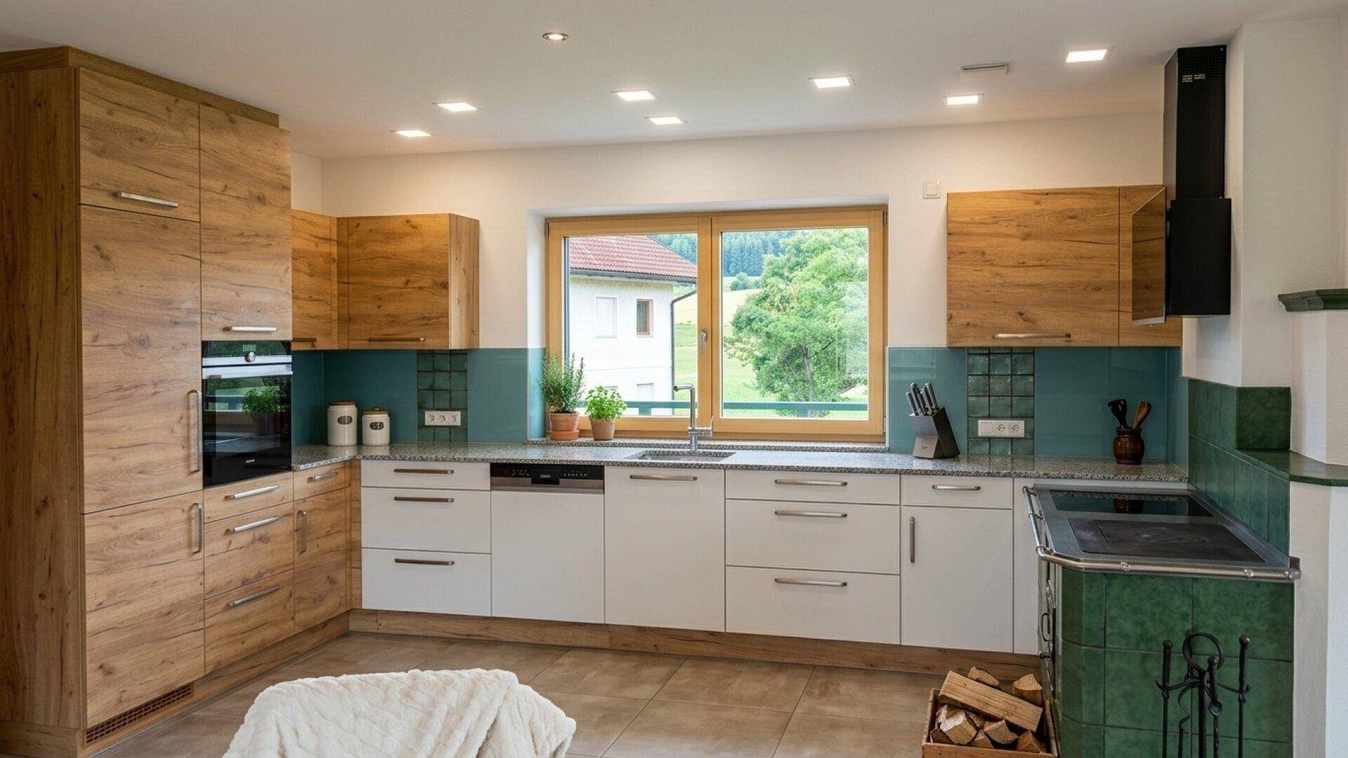 Moderne Küche mit Holz- und weißen Fronten, integriertem Kachelofen und Blick ins Grüne.