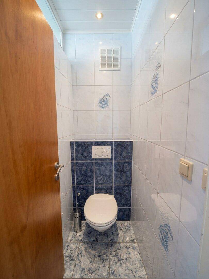 Kleines Gäste-WC mit blauen und weißen Fliesen sowie Wand-WC.