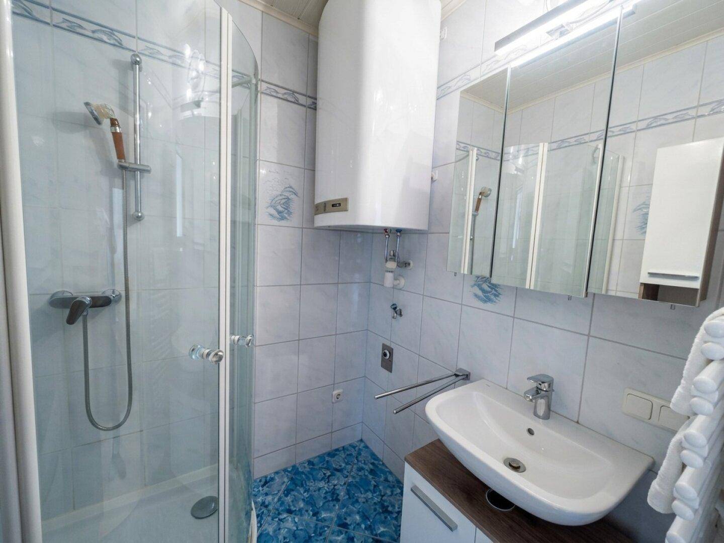 Badezimmer mit Duschkabine, Waschbecken und Spiegelschrank.