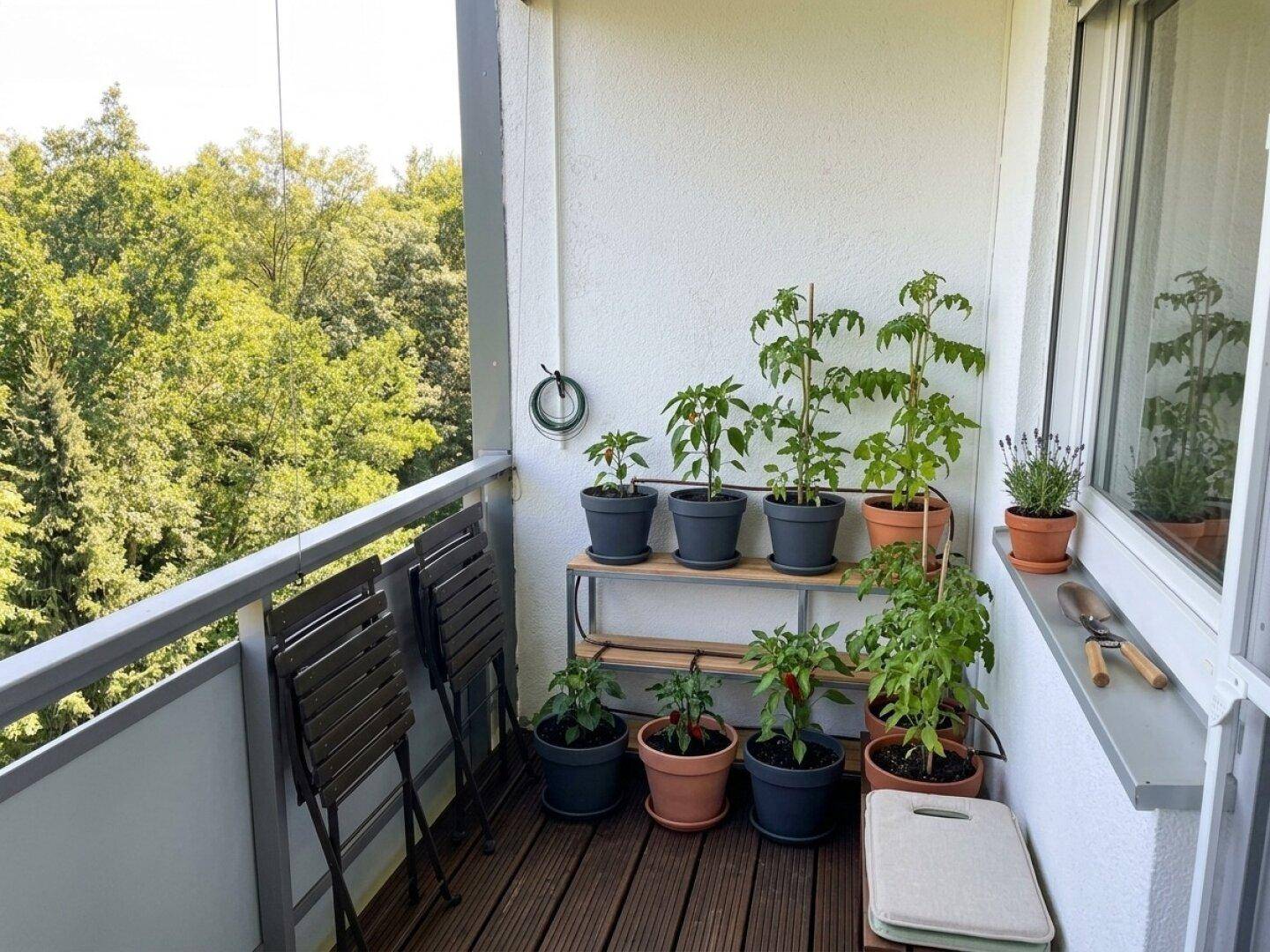 Kleiner Balkon mit Holzboden, bepflanzten Töpfen und Blick ins Grüne, ideal für Entspannung.