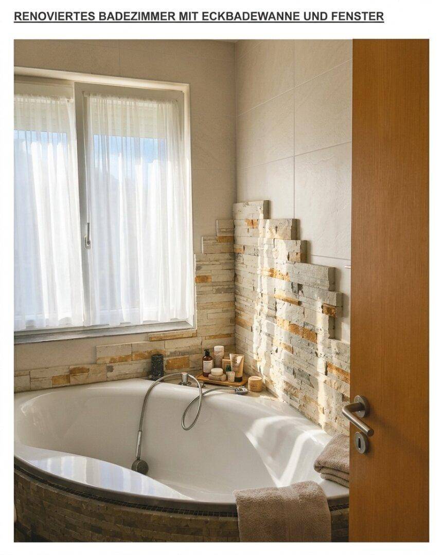 Renoviertes Badezimmer mit moderner Eckbadewanne, dekorativen Fliesen und einem Fenster für Tageslicht.
