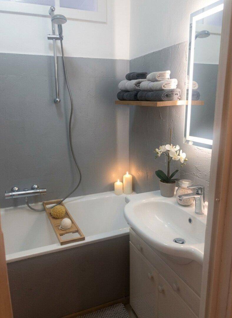 Modernes Badezimmer mit Badewanne, Waschbecken und beleuchtetem Spiegel.