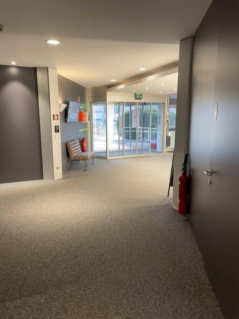 Geräumiger Flur mit Teppichboden, der zu einem hellen Eingangsbereich mit großen Glastüren führt.