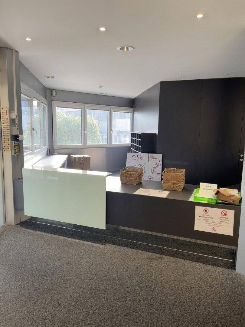 Empfangsbereich mit einem modernen Schreibtisch und großen Fenstern, die viel Tageslicht hereinlassen.