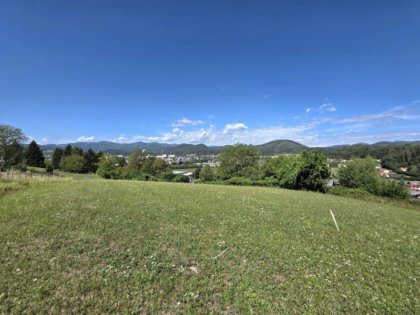 Grüne Wiese mit weitem Blick auf eine entfernte Stadt und Berglandschaft unter blauem Himmel.