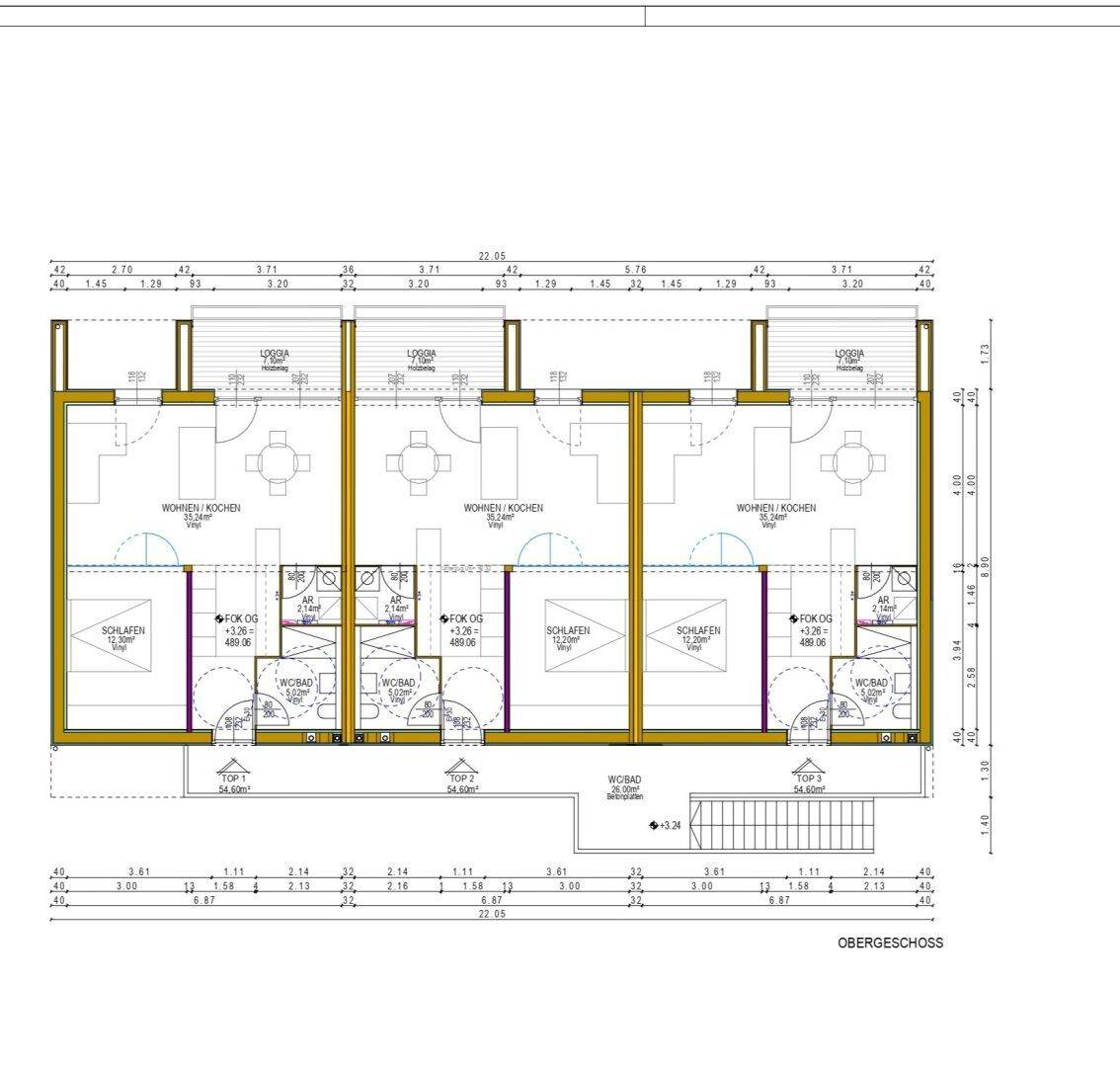 Grundriss des Obergeschosses mit drei Wohneinheiten, jeweils mit Loggia.