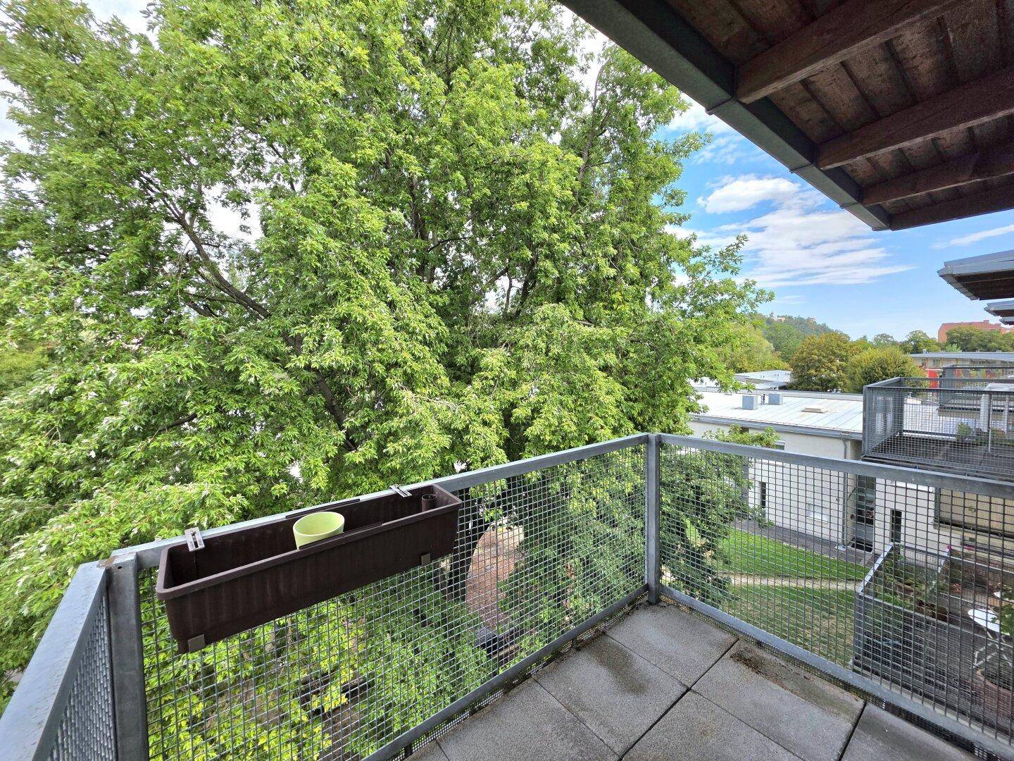Balkon mit Blick ins Grüne und auf die umliegende Wohnbebauung.