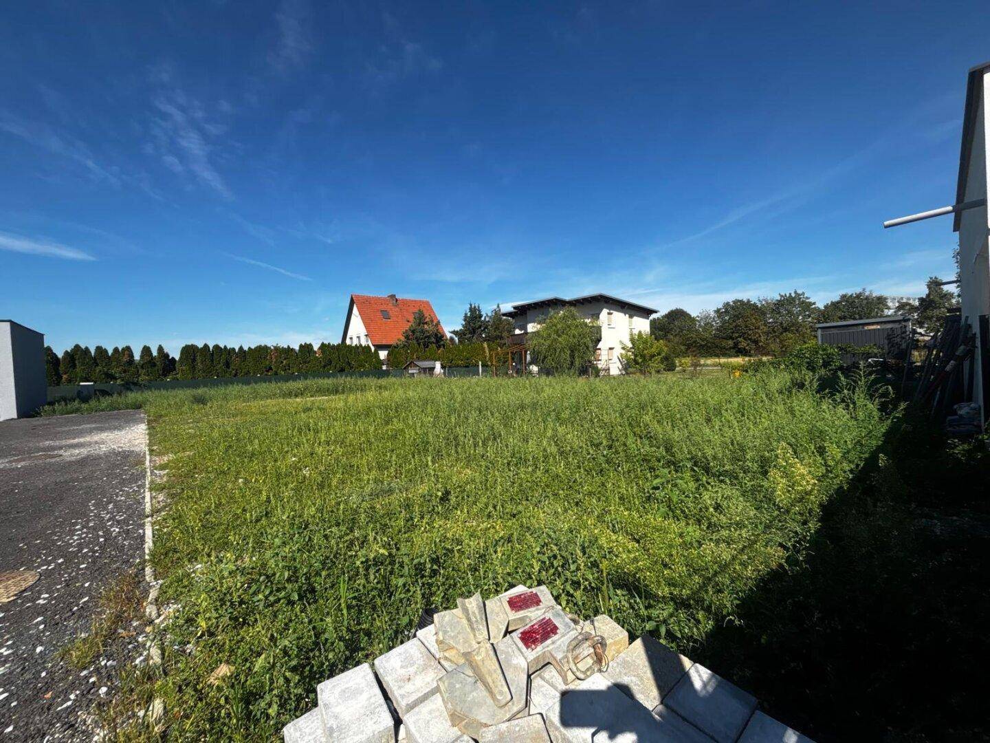 Weitläufiges Grundstück mit hohem Gras und angrenzenden Wohnhäusern unter klarem Himmel.