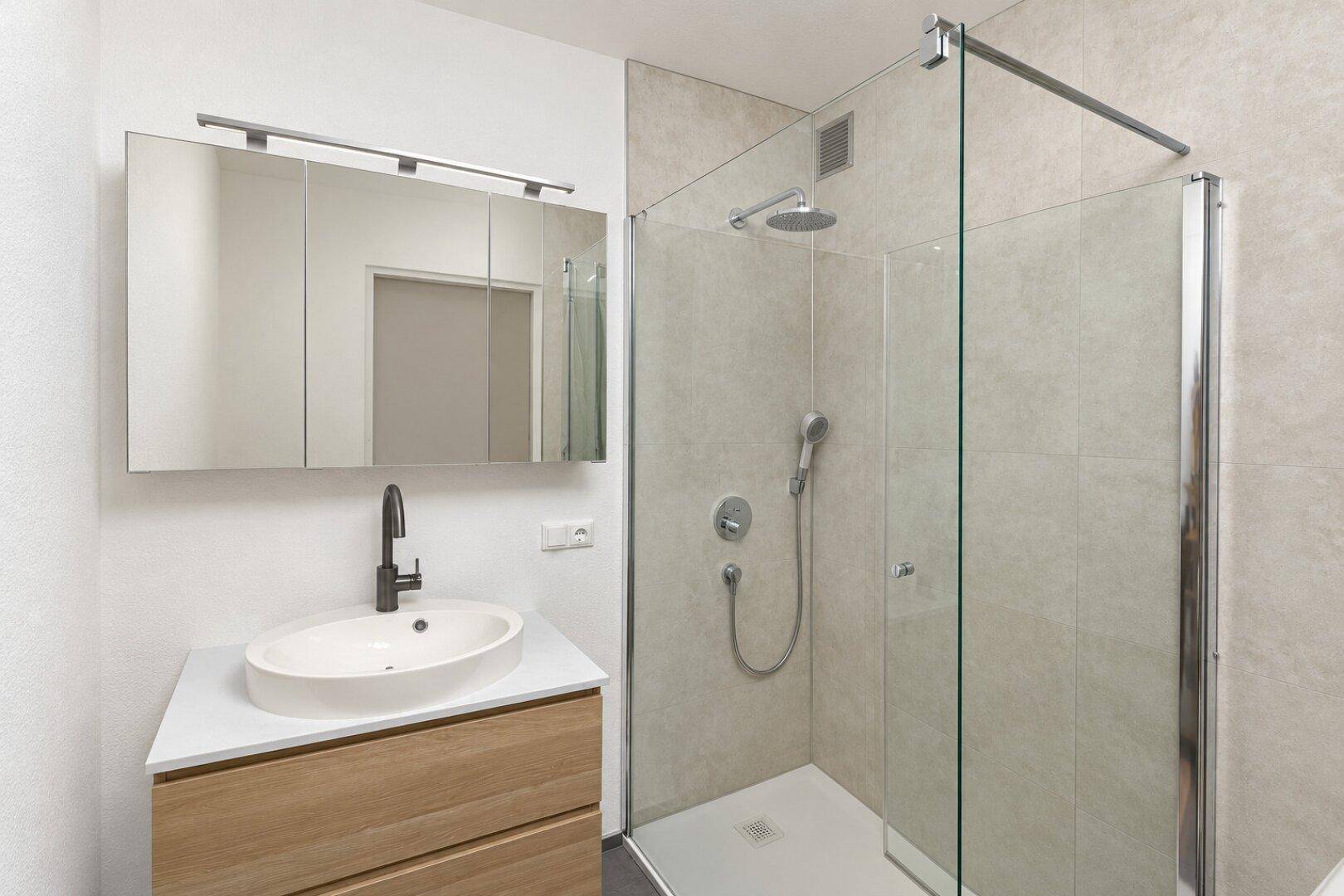 Modernes Badezimmer mit begehbarer Dusche, elegantem Waschbecken und Spiegelschrank.