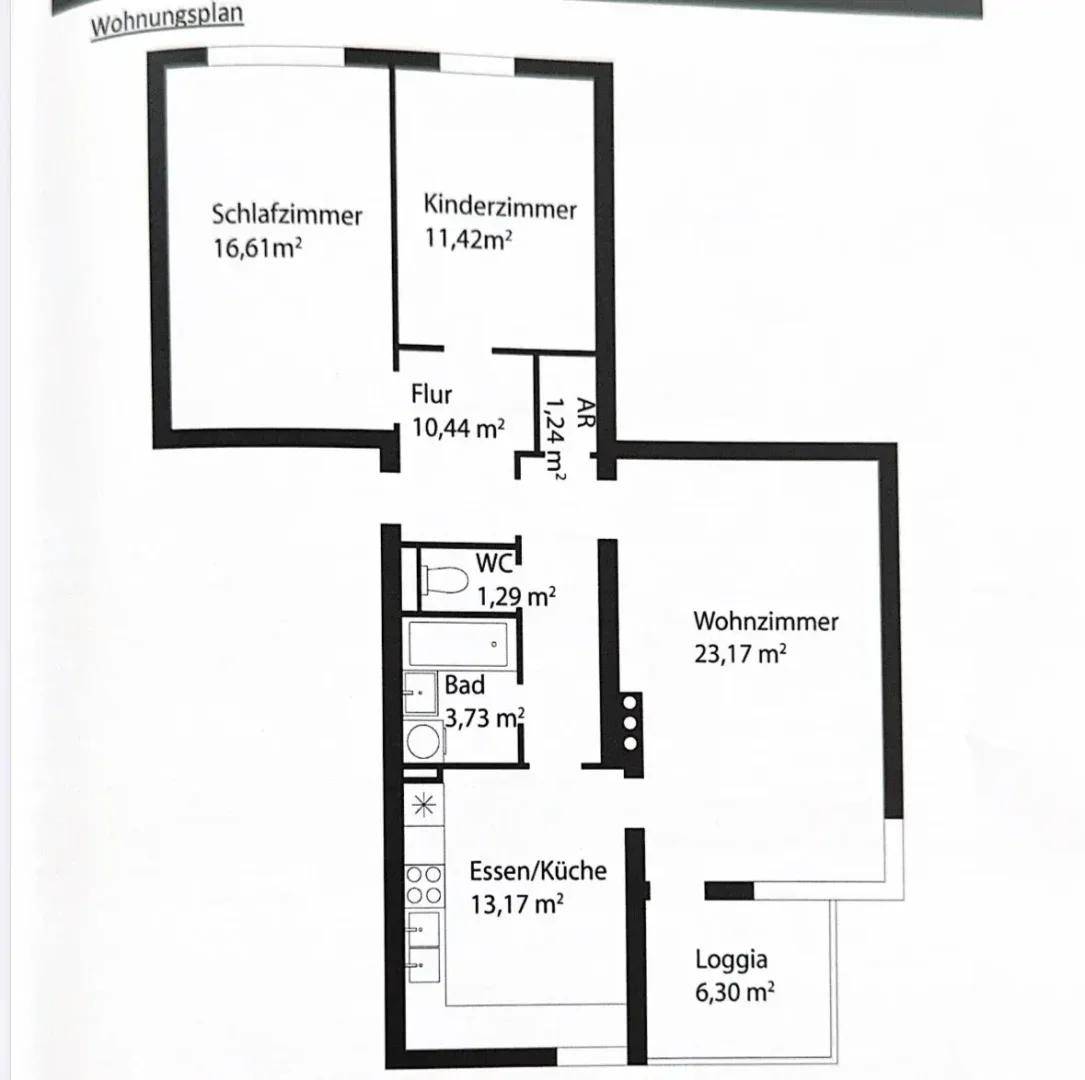 Grundriss der Wohnung mit Schlafzimmer, Kinderzimmer, Bad, Küche und Loggia.