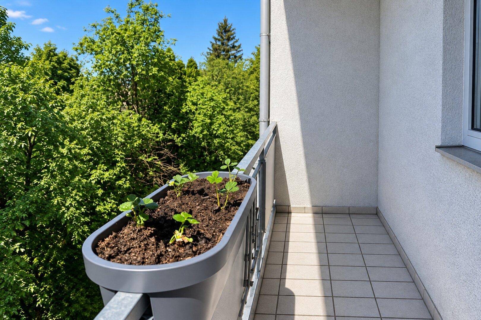 Heller Balkon mit Fliesenboden und Blick auf die umliegenden Bäume.