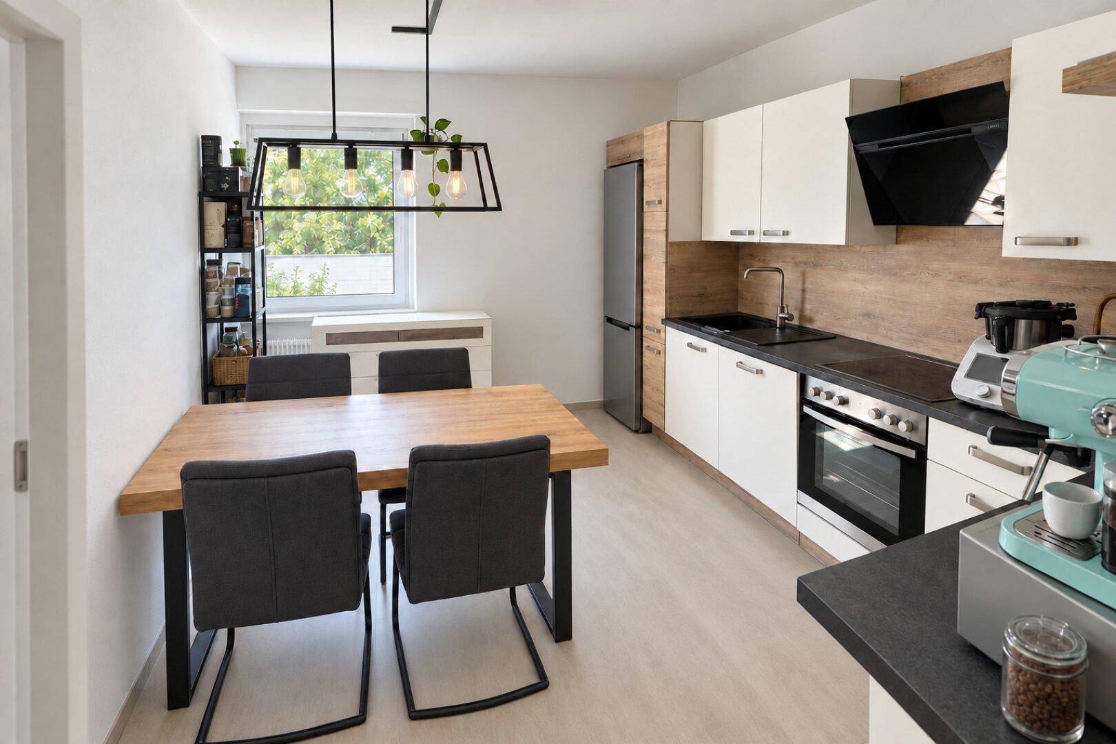 Moderne Küche mit Essbereich, weißen Schränken, Holzakzenten und integrierten Geräten.