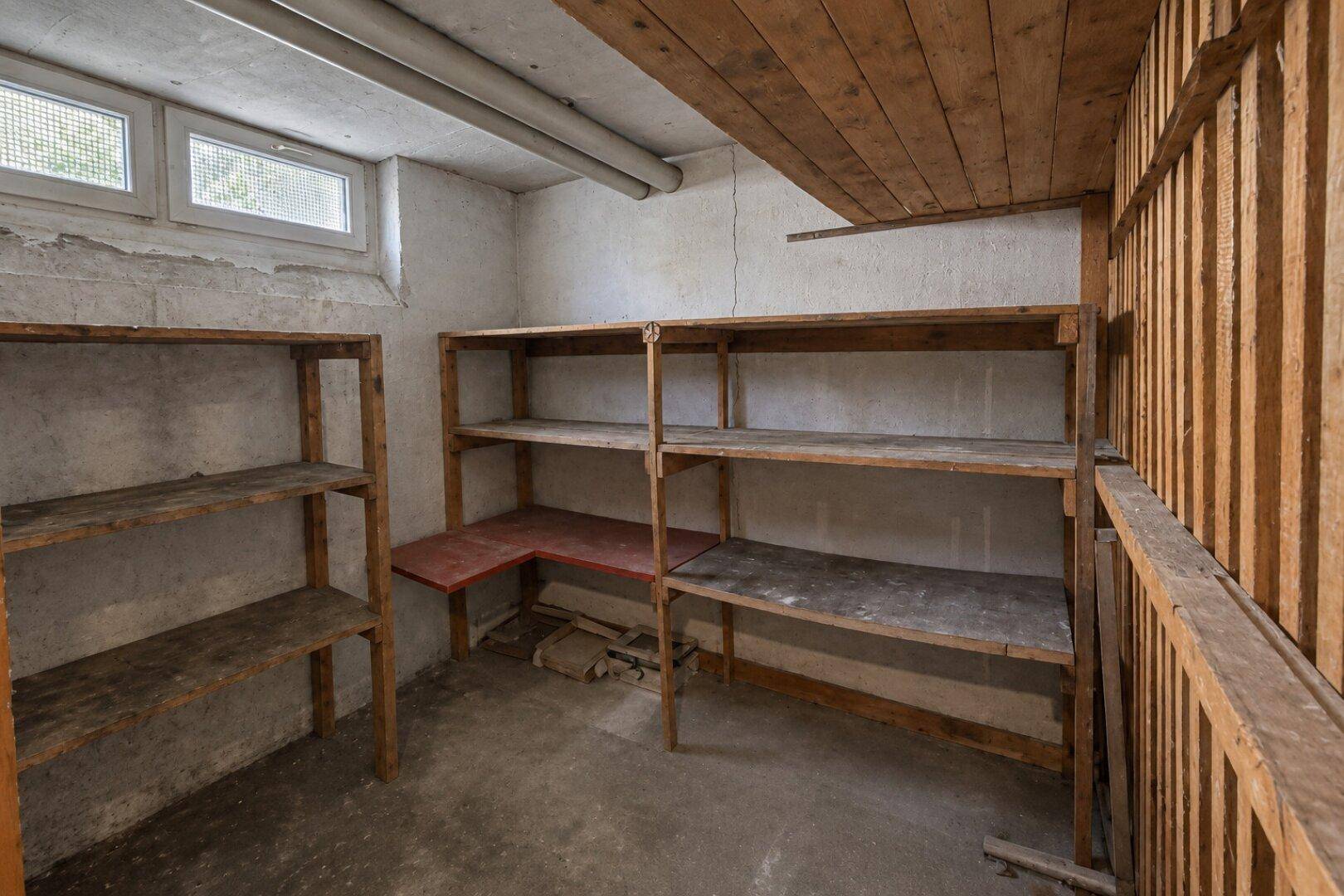 Kellerraum mit Betonboden, einfachen Holzregalen und kleinen Fenstern.