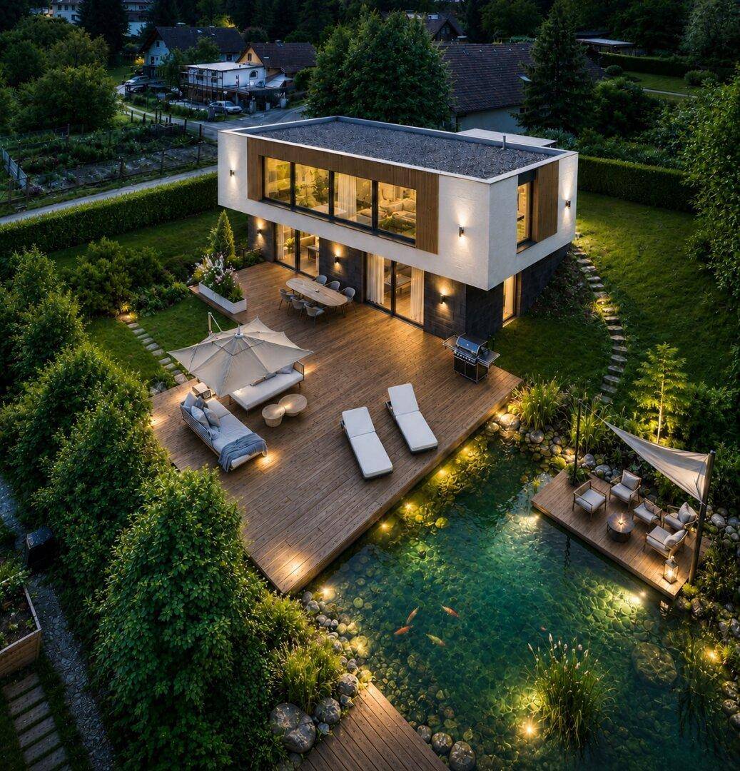 Luftaufnahme eines modernen Hauses mit beleuchteter Holzterrasse, Schwimmteich und Garten bei Nacht.