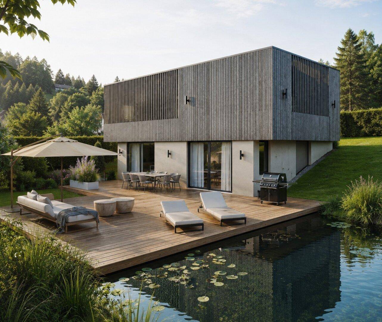 Modernes Haus mit Holzfassade, großer Holzterrasse, Sitzgelegenheiten und einem natürlichen Schwimmteich.