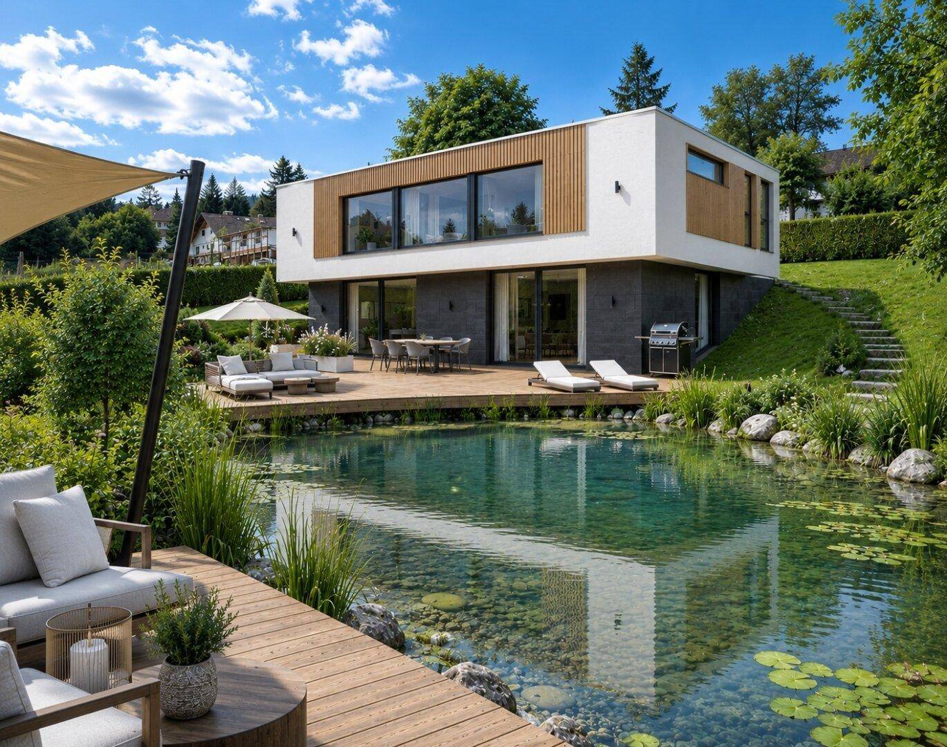 Modernes Haus mit großer Holzterrasse, Sitzgelegenheiten im Freien und einem natürlichen Schwimmteich.