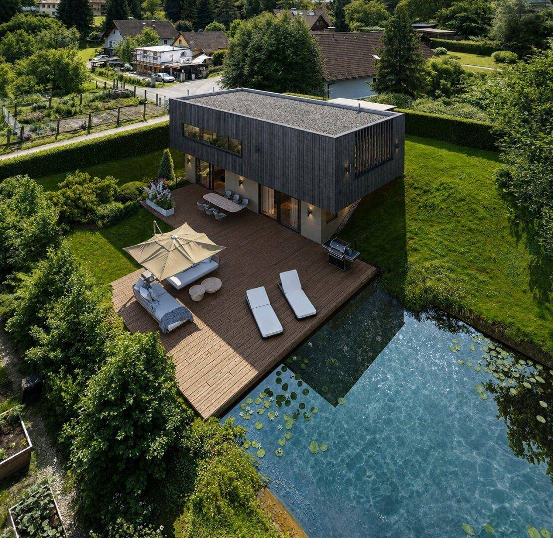 Luftaufnahme eines modernen Hauses mit Holzfassade, beleuchteter Terrasse und Schwimmteich bei Nacht.