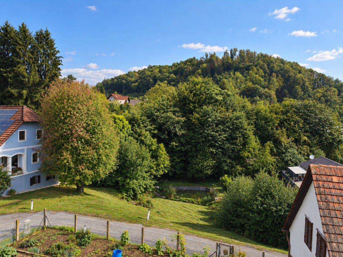 Panoramablick auf eine ländliche Wohngegend mit üppiger Vegetation und blauer Himmel.