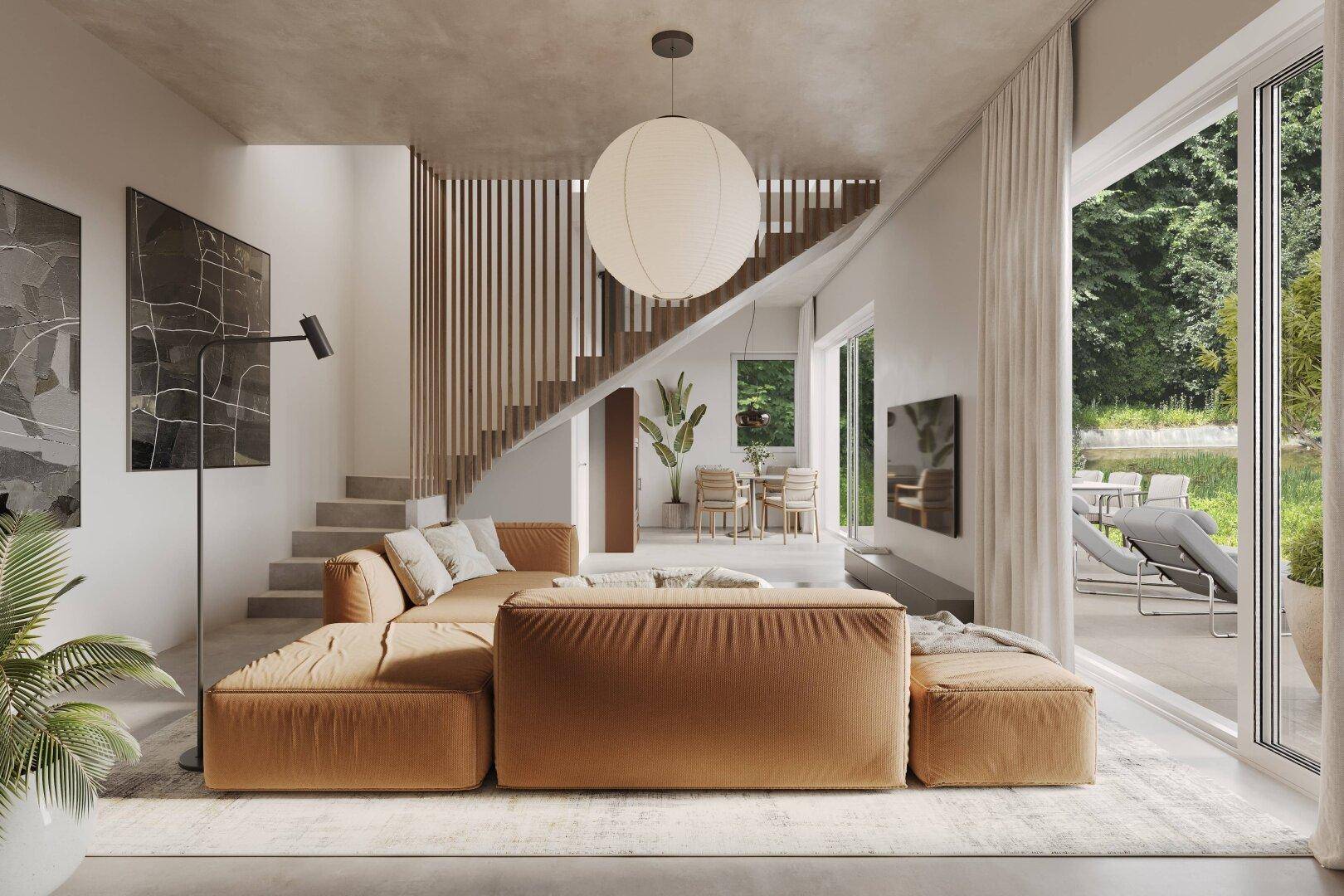 Helles, modernes Wohnzimmer mit großem Sofa, offener Treppe und Blick auf die Terrasse und den Garten.