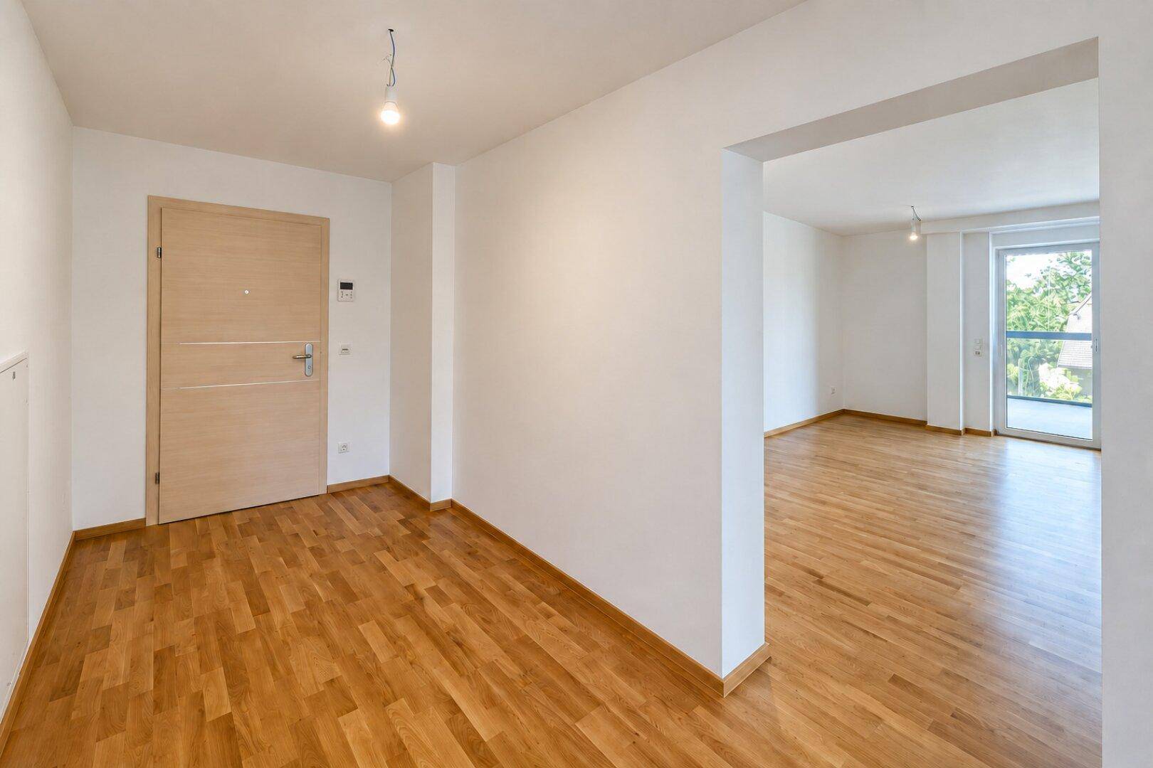 Eingangsbereich mit Holztür und Parkettboden, der in den Wohnbereich führt.