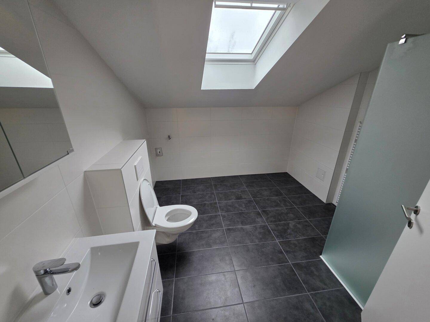 Modernes Badezimmer mit dunklen Fliesen, WC, Waschtisch, begehbarer Dusche und Dachfenster.