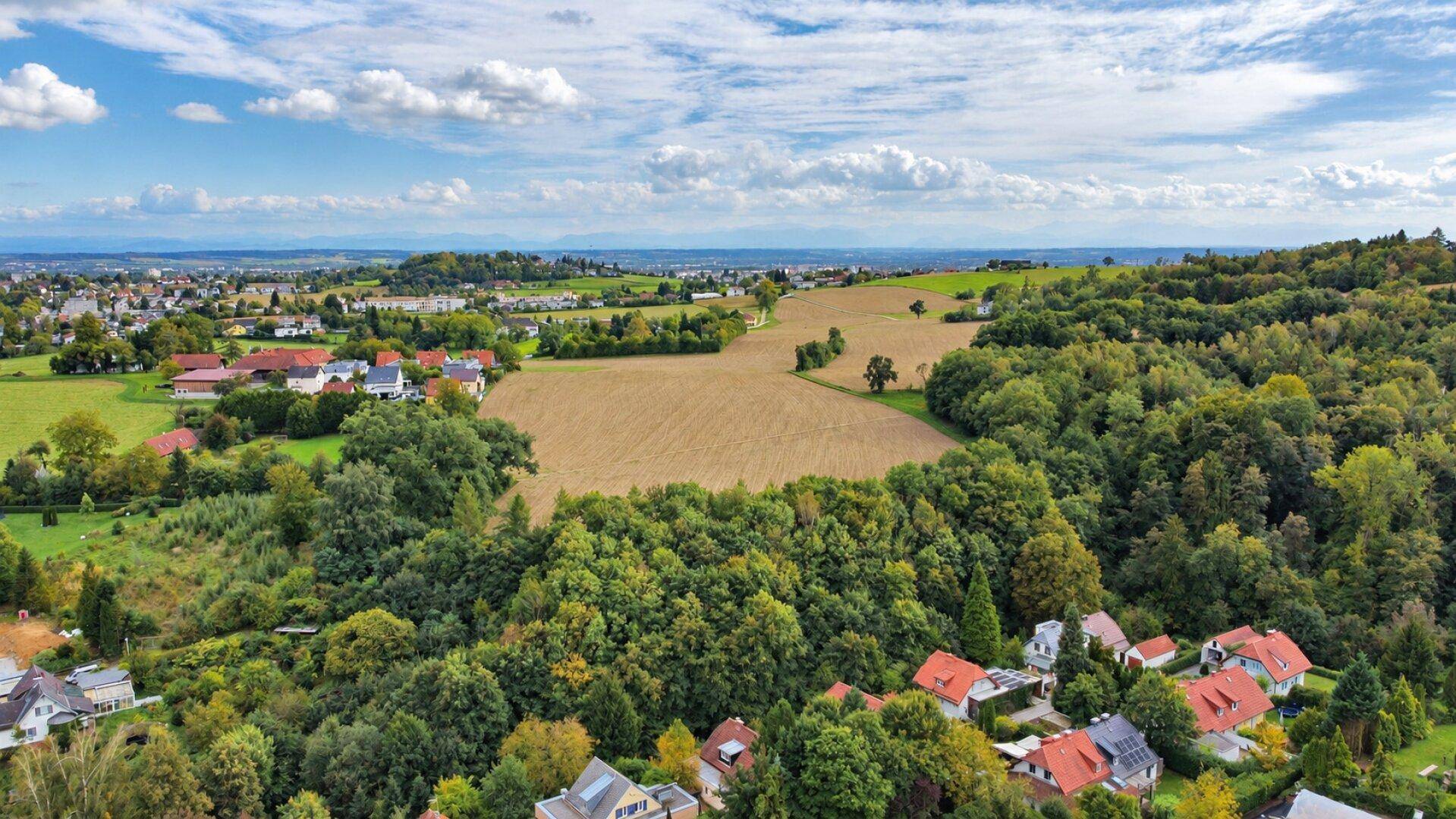 Weitläufige Luftaufnahme einer ländlichen Landschaft mit Wäldern, Feldern und Siedlungen.
