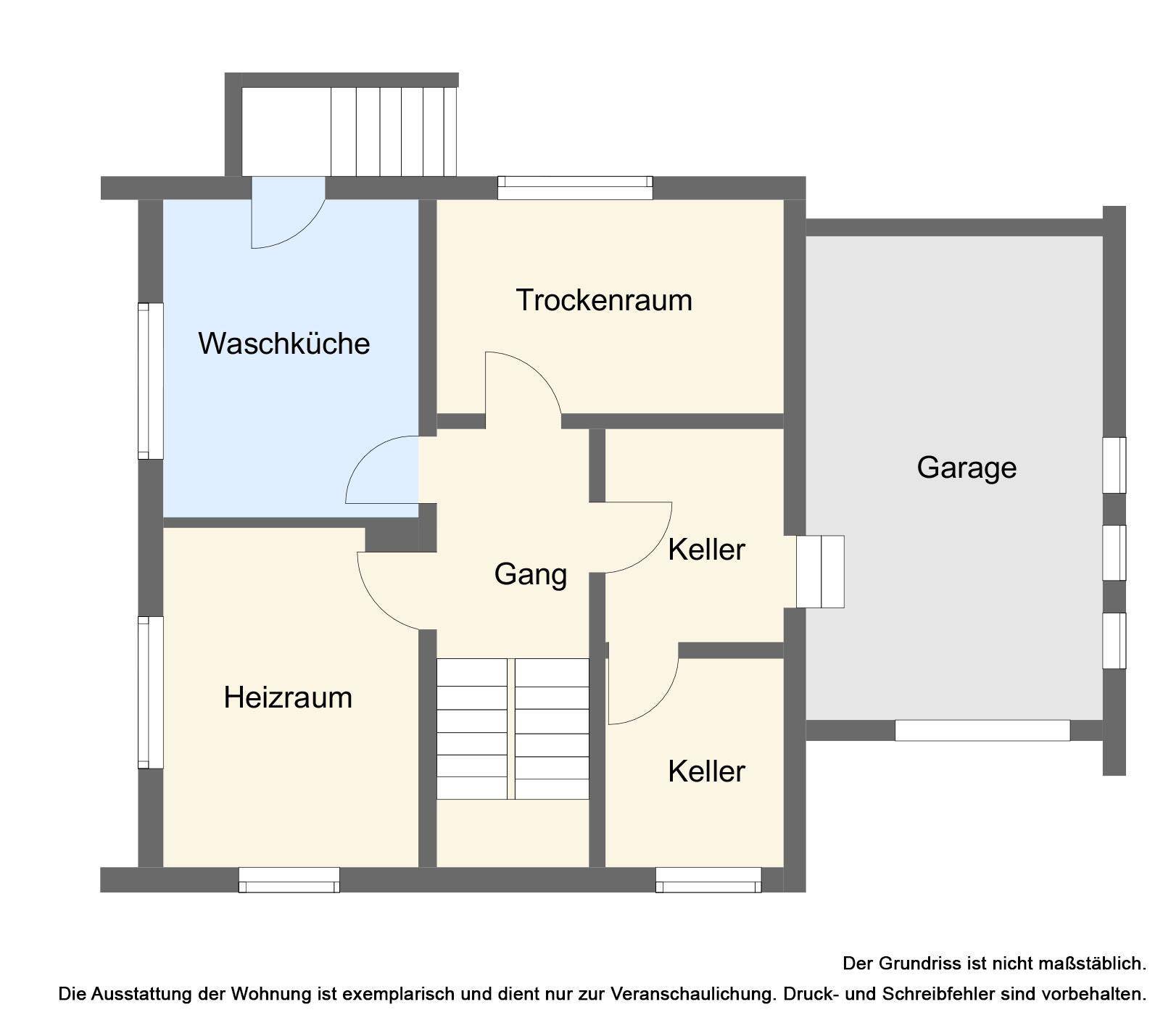 Grundriss des Untergeschosses mit Waschküche, Trockenraum, Kellerabteilen und Garage.