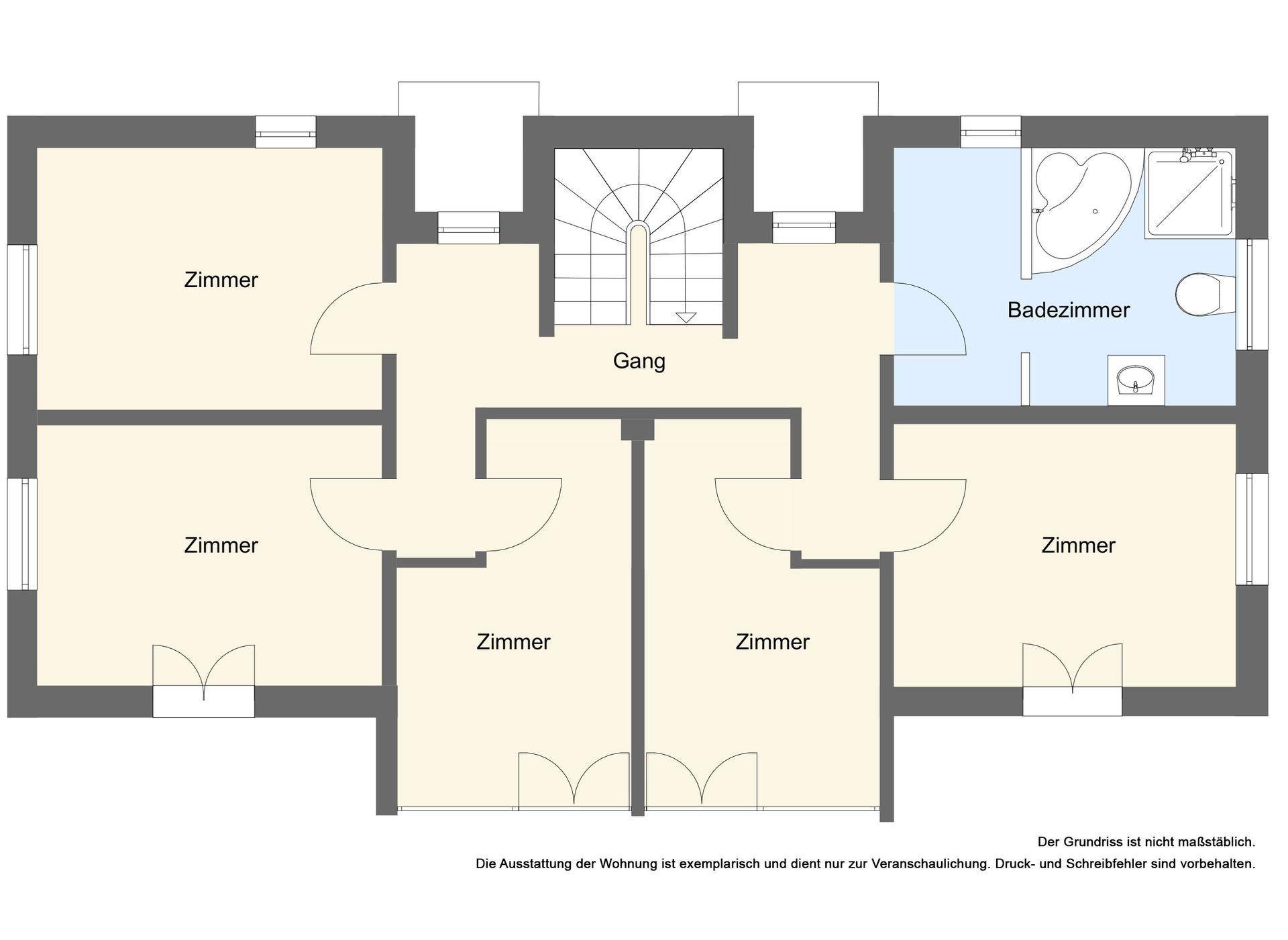Grundriss des Obergeschosses mit mehreren Zimmern und einem Badezimmer.