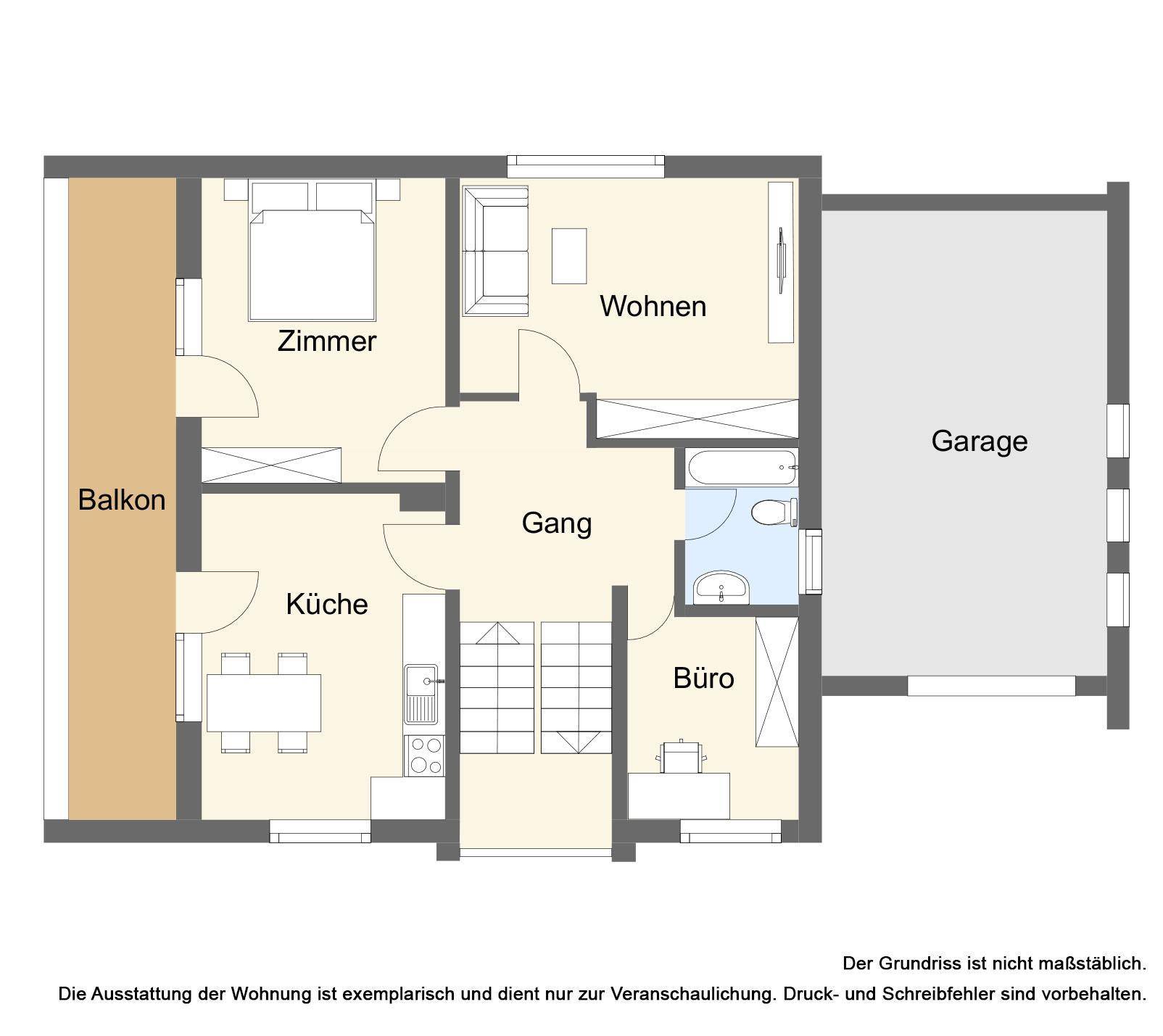 Grundriss des Erdgeschosses mit Wohnzimmer, Küche, Zimmer, Büro, Bad und Balkon.