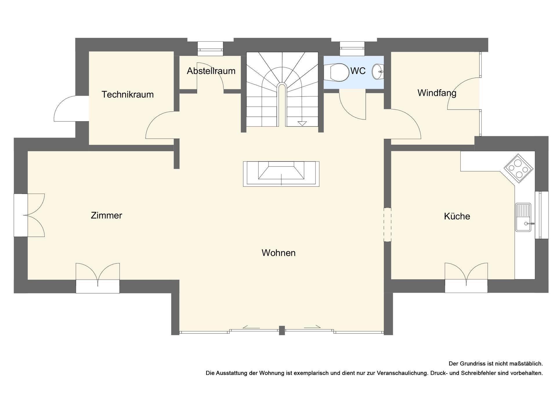 Grundriss des Erdgeschosses mit Wohnzimmer, Küche und Gäste-WC.