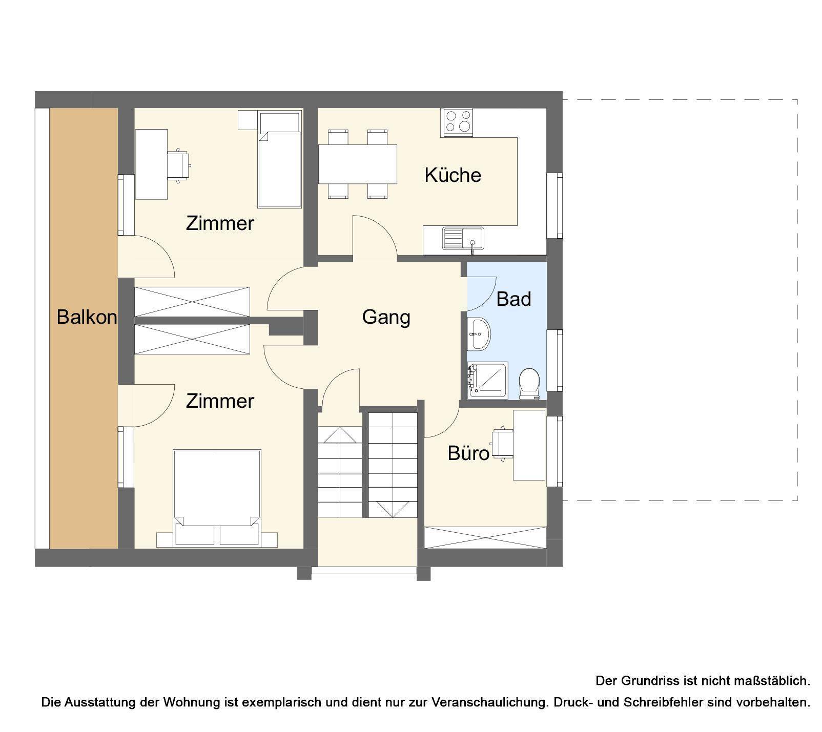 Grundriss des Obergeschosses mit zwei Zimmern, Küche, Büro, Bad und Balkon.