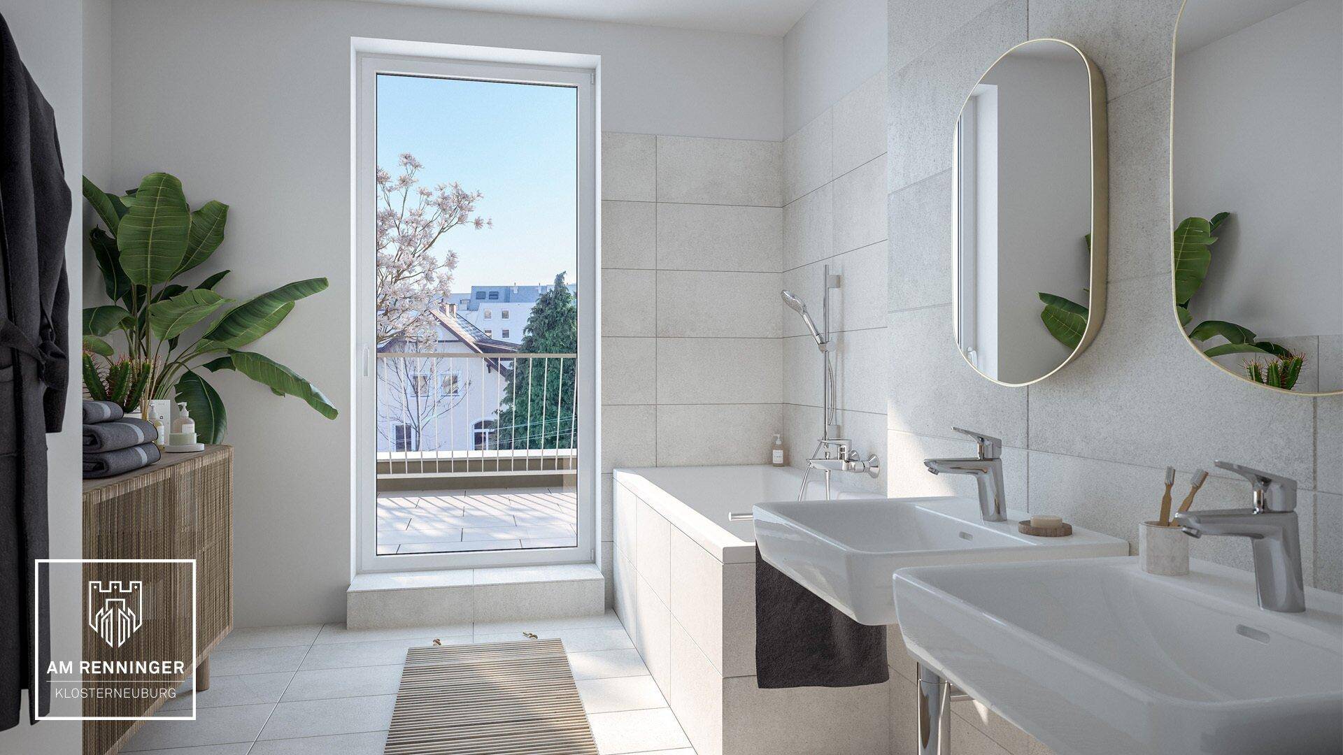 Helles, modernes Badezimmer mit Doppelwaschbecken, Badewanne und großem Fenster zum Balkon.