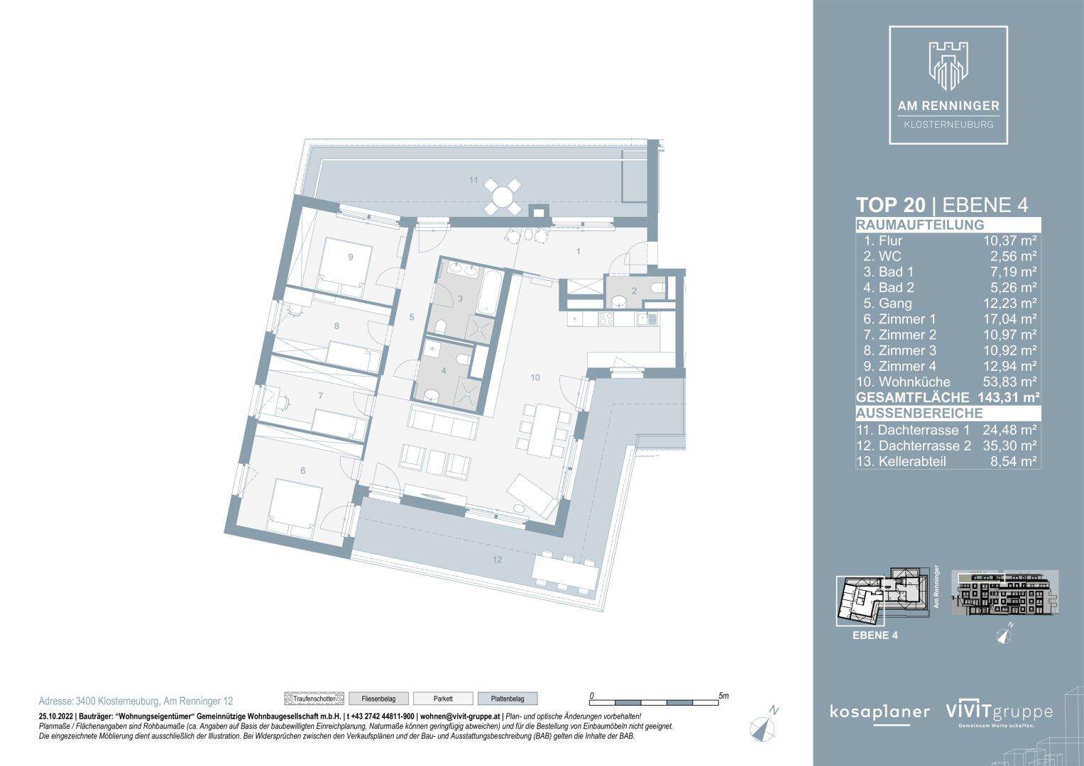 Dieser Grundriss zeigt eine Wohnung mit offenem Wohn-Essbereich, vier Schlafzimmern, zwei Bädern und zwei großzügigen Dachterrassen.