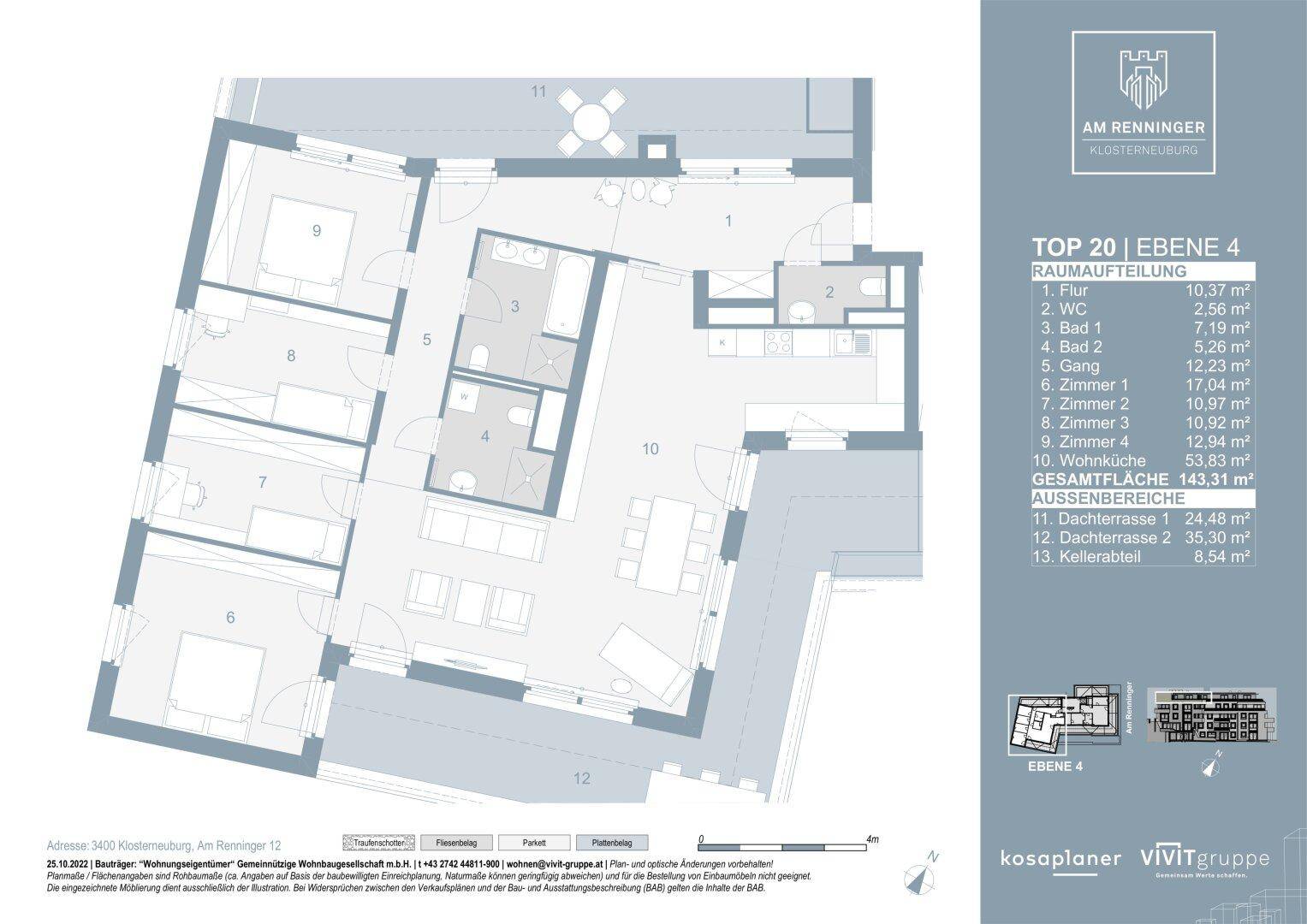 Detaillierter Grundriss einer Wohnung auf Ebene 4 mit offenem Wohnbereich, vier Schlafzimmern und zwei Dachterrassen.