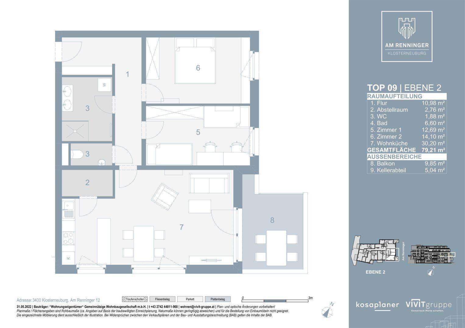 Grundriss einer Wohnung mit zwei Schlafzimmern, offenem Wohnbereich und einem Balkon.
