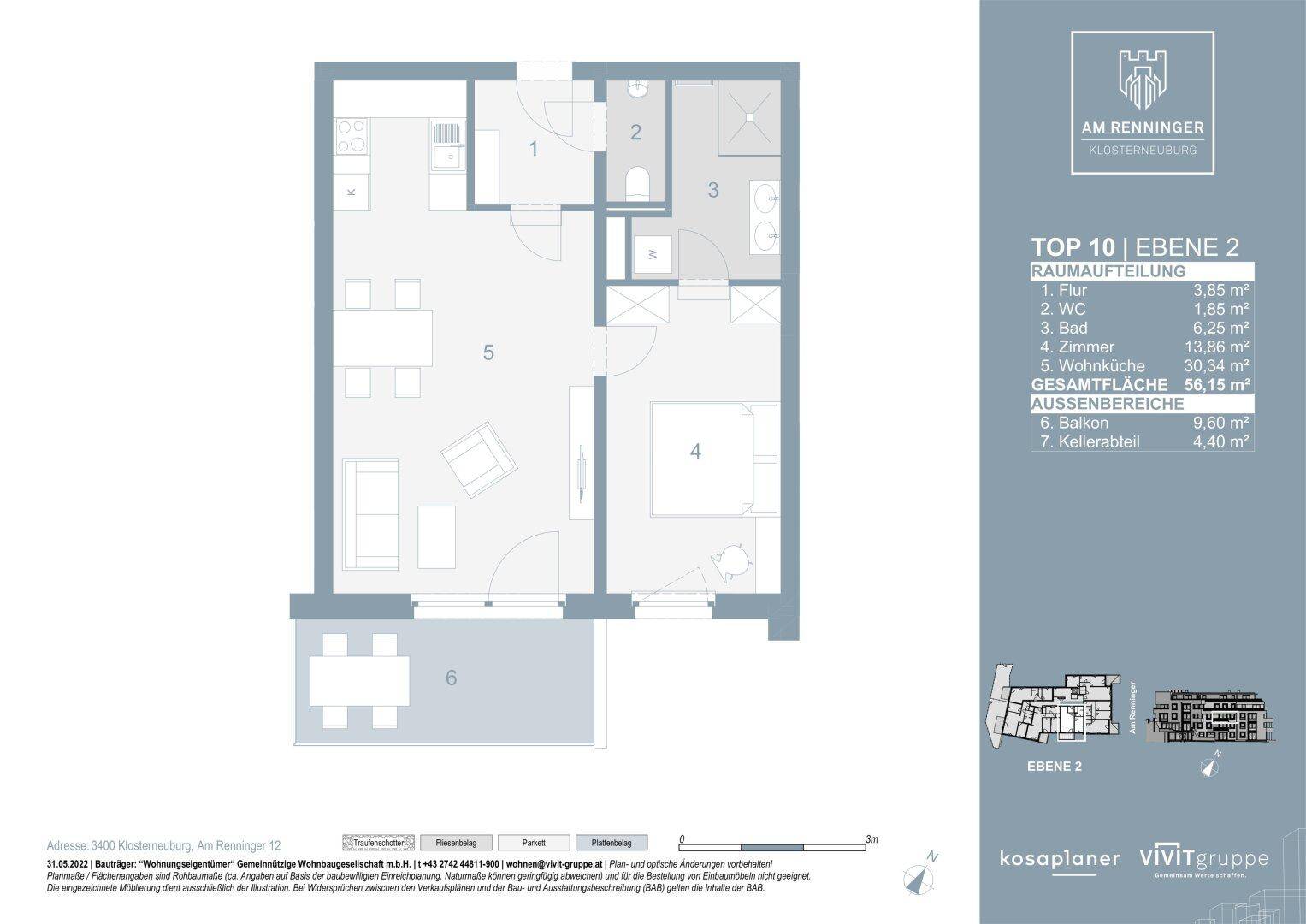 Grundriss einer Wohnung mit einem Schlafzimmer, offenem Wohnbereich und einem Balkon.
