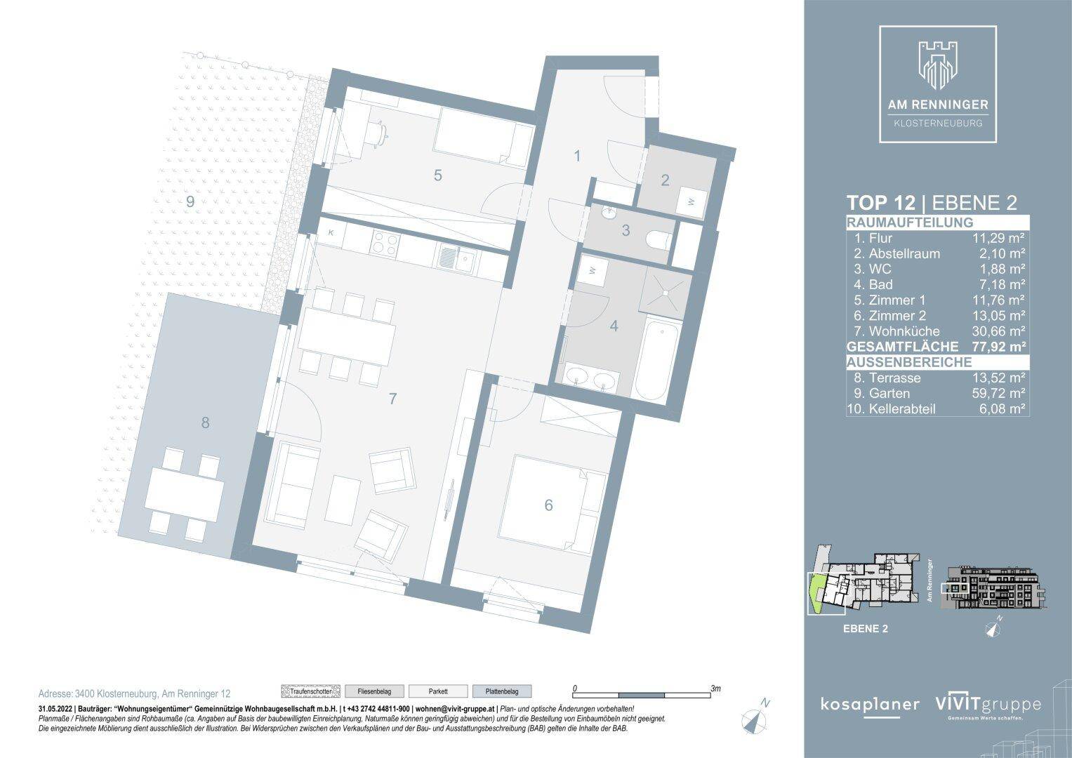 Detaillierter Grundriss einer Wohnung mit zwei Schlafzimmern, offenem Wohnbereich, Terrasse und Garten.