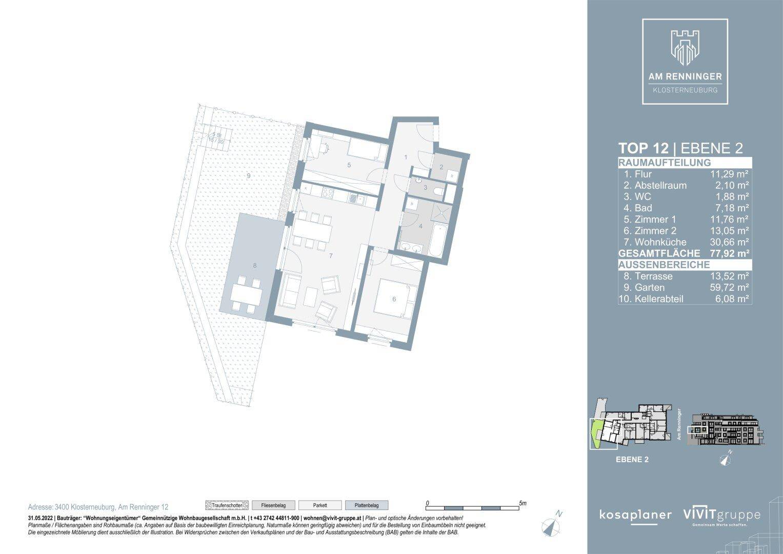 Grundriss einer Wohnung mit zwei Schlafzimmern, offenem Wohnbereich, Terrasse und Garten.