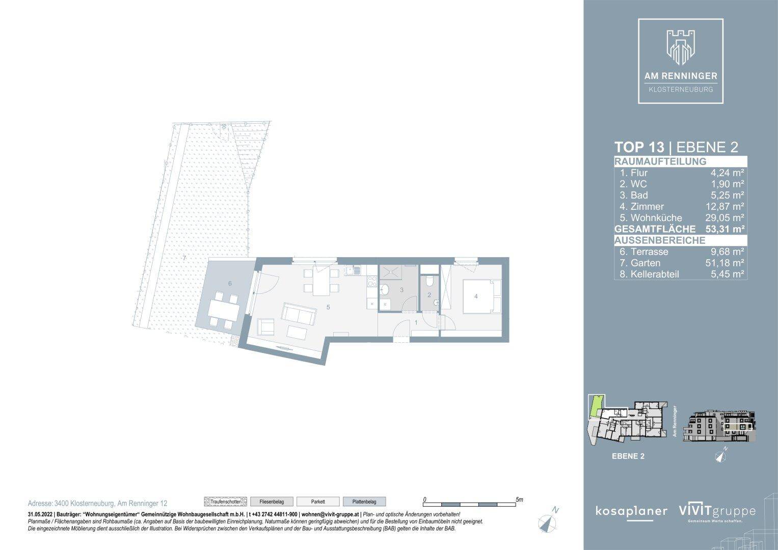 Grundriss einer Wohnung mit einem Schlafzimmer, offenem Wohnbereich, Terrasse und Garten.