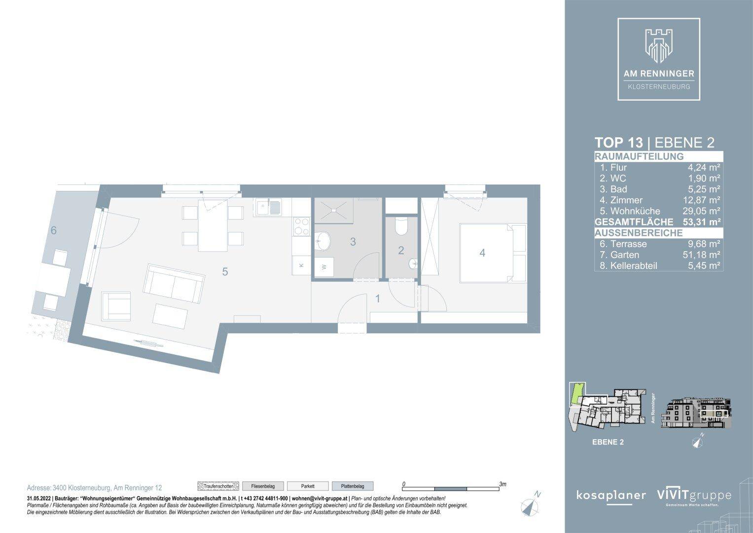 Detaillierter Grundriss einer Wohnung mit einem Schlafzimmer, offenem Wohnbereich, Terrasse und Garten.