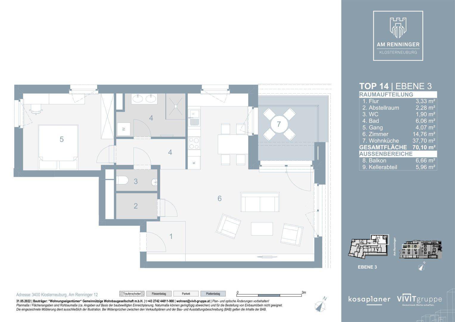 Grundriss einer Wohnung mit zwei Schlafzimmern, offenem Wohnbereich und einem Balkon im dritten Obergeschoss.