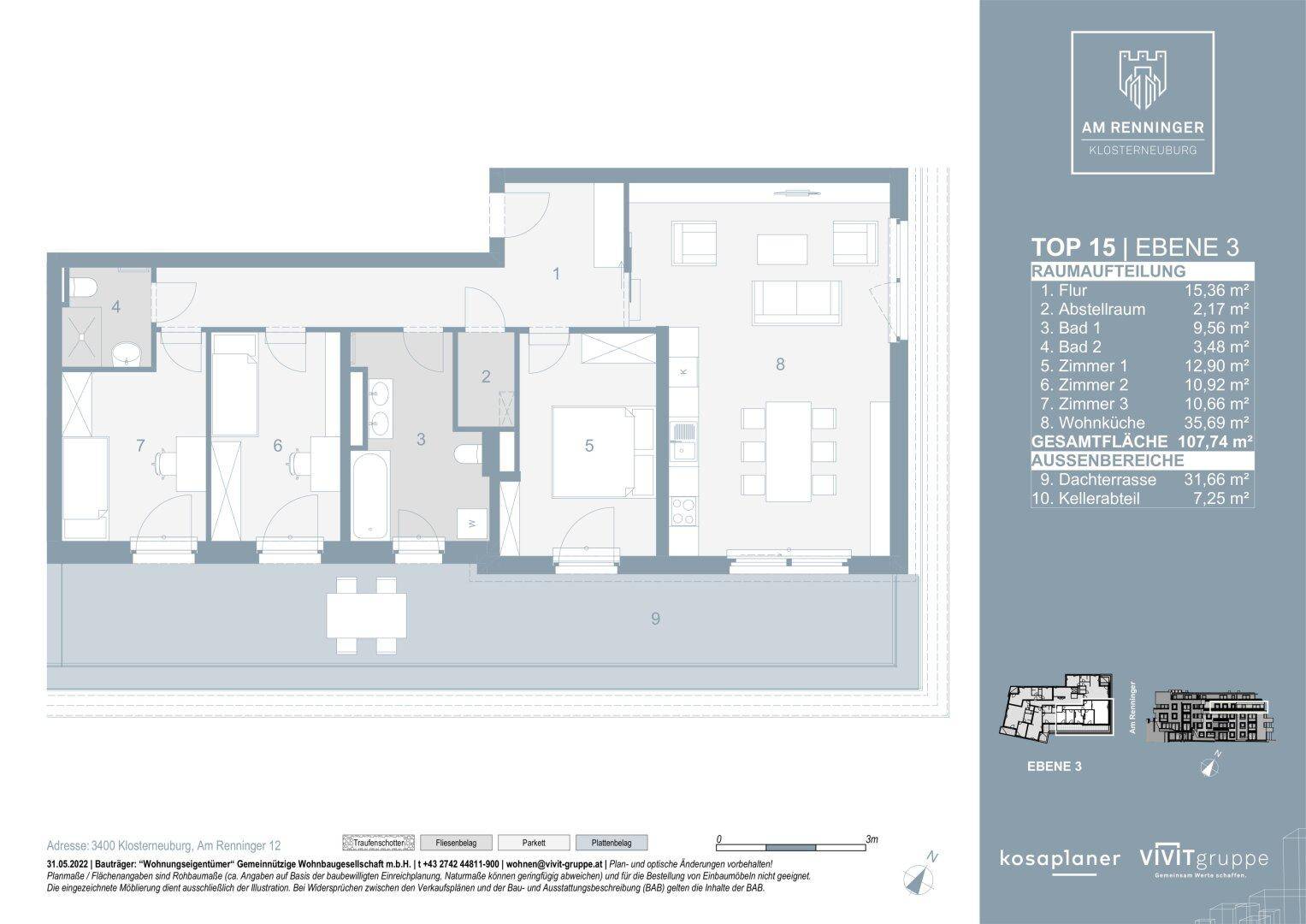 Grundriss einer Wohnung mit drei Schlafzimmern, offenem Wohnbereich und einer Dachterrasse.