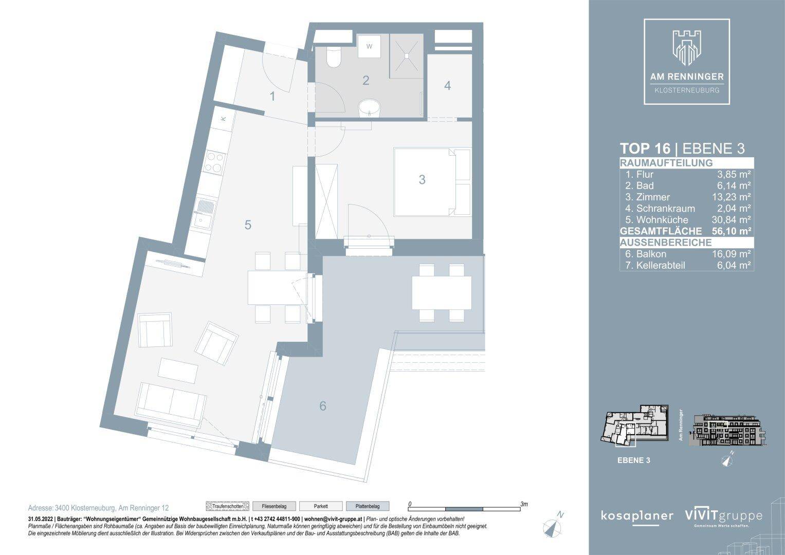 Grundriss einer Wohnung mit einem Schlafzimmer, offenem Wohnbereich und einem Balkon.