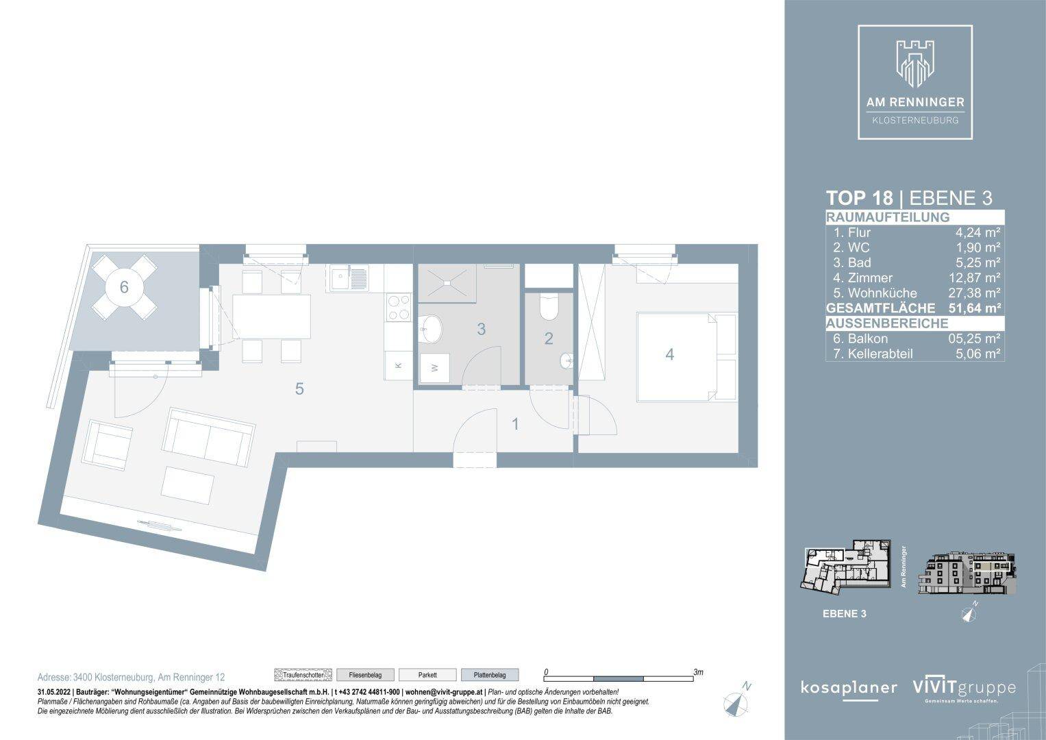 Grundriss einer Wohnung mit einem Schlafzimmer, offenem Wohnbereich und einem Balkon.