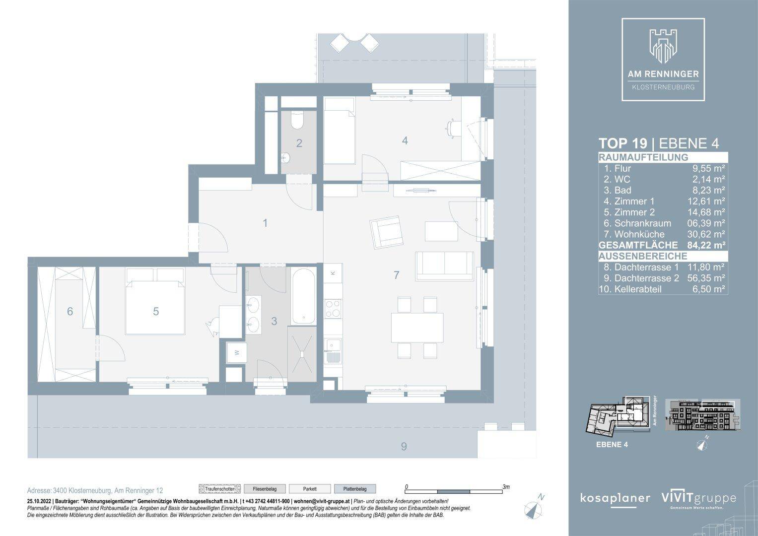 Detaillierter Grundriss einer Wohnung mit zwei Schlafzimmern, offenem Wohnbereich und zwei Dachterrassen.