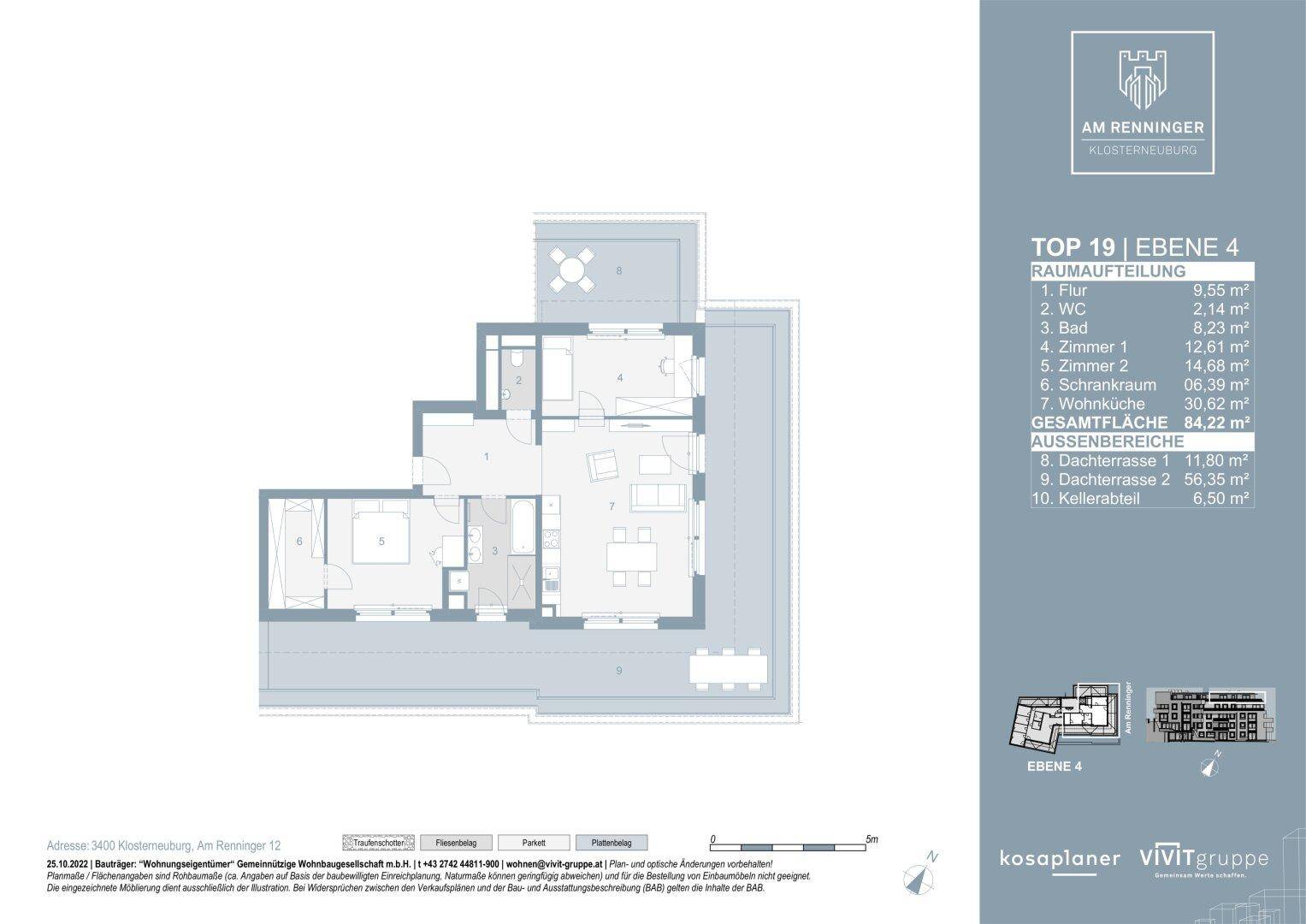 Grundriss einer Wohnung mit zwei Schlafzimmern, offenem Wohnbereich und zwei Dachterrassen im vierten Obergeschoss.
