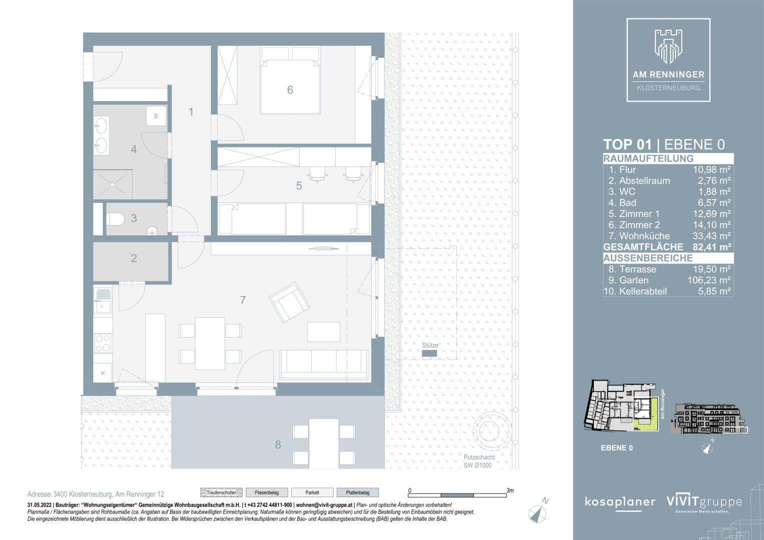 Grundriss der Erdgeschosswohnung mit Terrasse und Garten, inklusive Raumaufteilung und Flächenangaben.