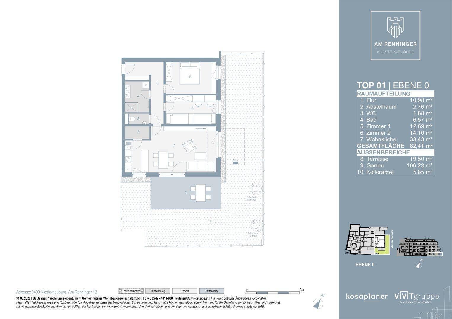 Grundriss einer Wohnung mit zwei Schlafzimmern, offenem Wohnbereich, Terrasse und Garten.