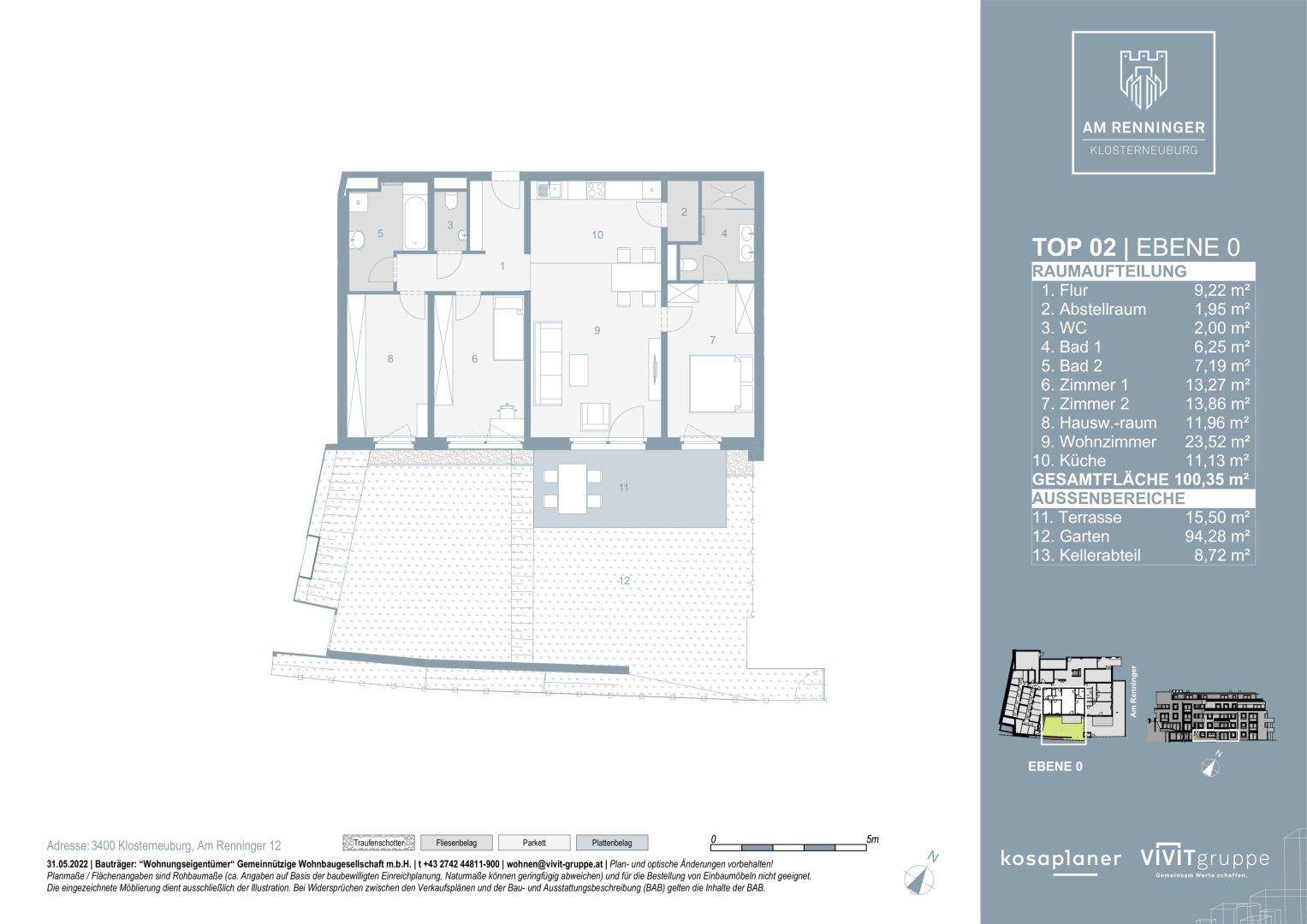 Grundriss einer Wohnung mit drei Schlafzimmern, zwei Bädern, Terrasse und Garten im Erdgeschoss.