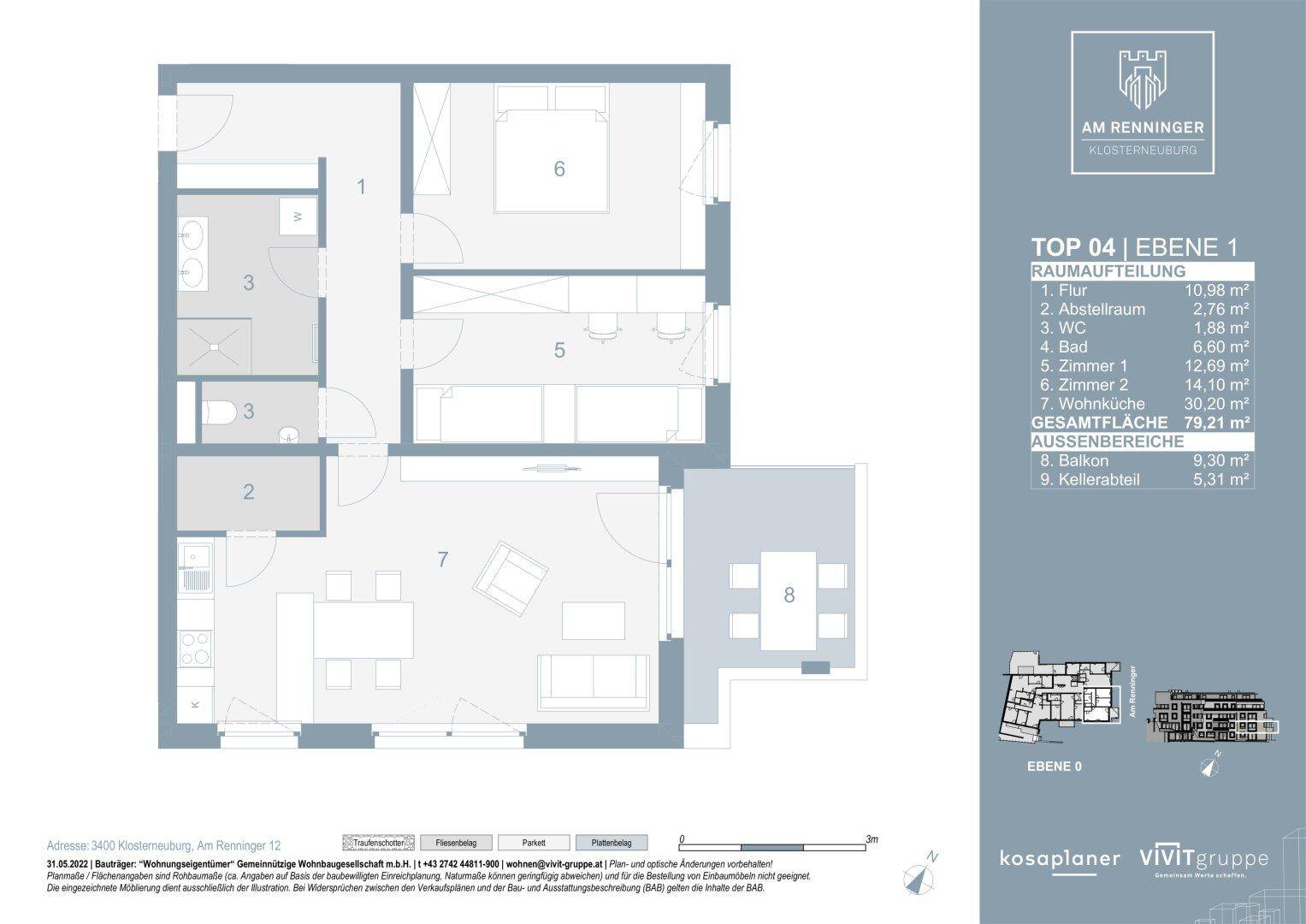 Grundriss einer Wohnung mit zwei Schlafzimmern, offenem Wohnbereich und einem Balkon.